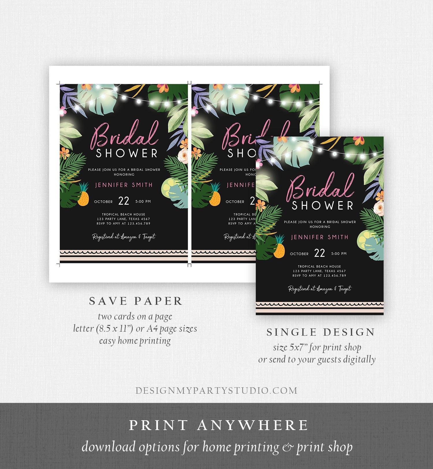 Editable Tropical Bridal Shower Invitation Wedding Aloha Coed Shower Party Luau Palm Hawaiian Leaves Beach Corjl Template Printable 0183