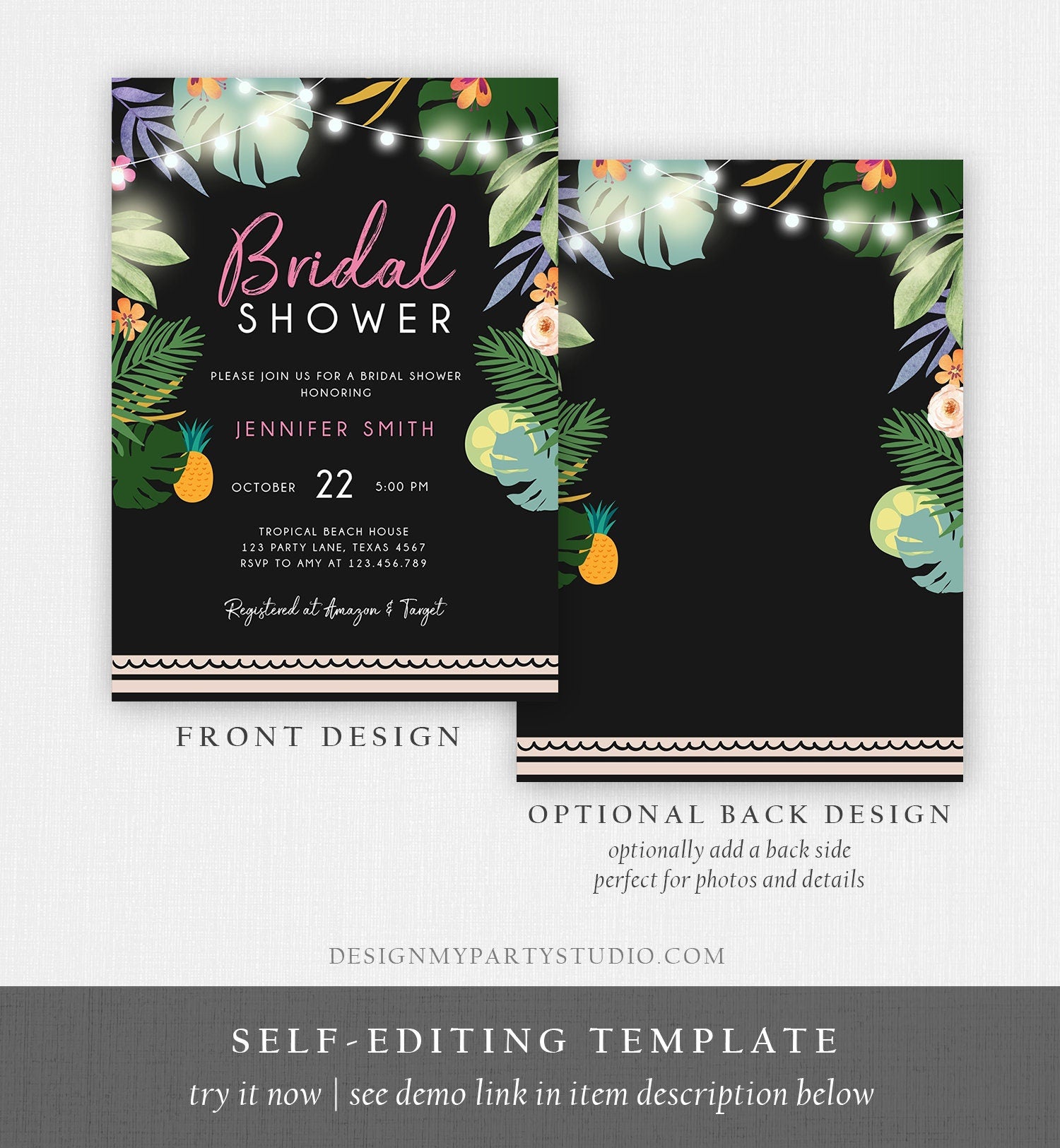 Editable Tropical Bridal Shower Invitation Wedding Aloha Coed Shower Party Luau Palm Hawaiian Leaves Beach Corjl Template Printable 0183