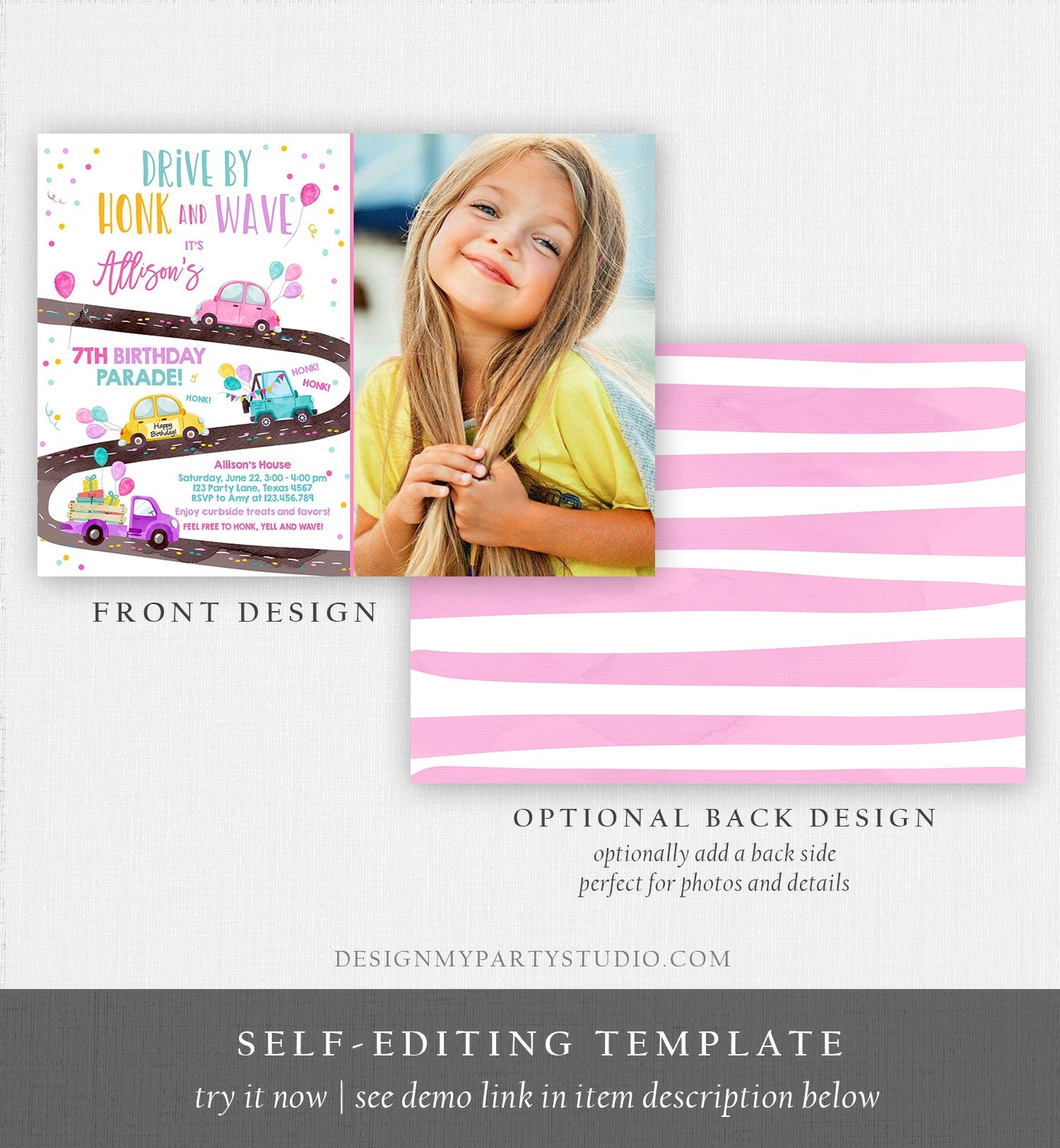 Editable Drive By Birthday Parade Invitation Virtual Party Invite Honk Wave Car Girl Pink Quarantine Instant Download Digital Corjl 0333