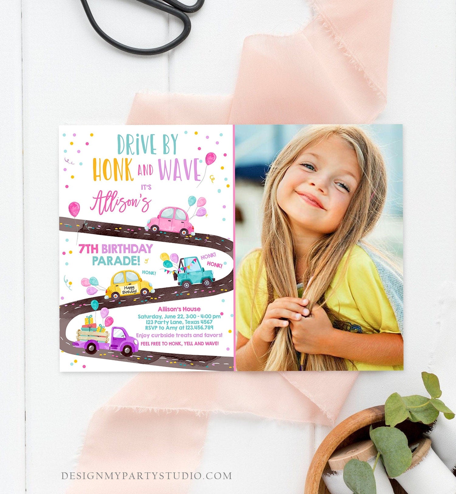 Editable Drive By Birthday Parade Invitation Virtual Party Invite Honk Wave Car Girl Pink Quarantine Instant Download Digital Corjl 0333