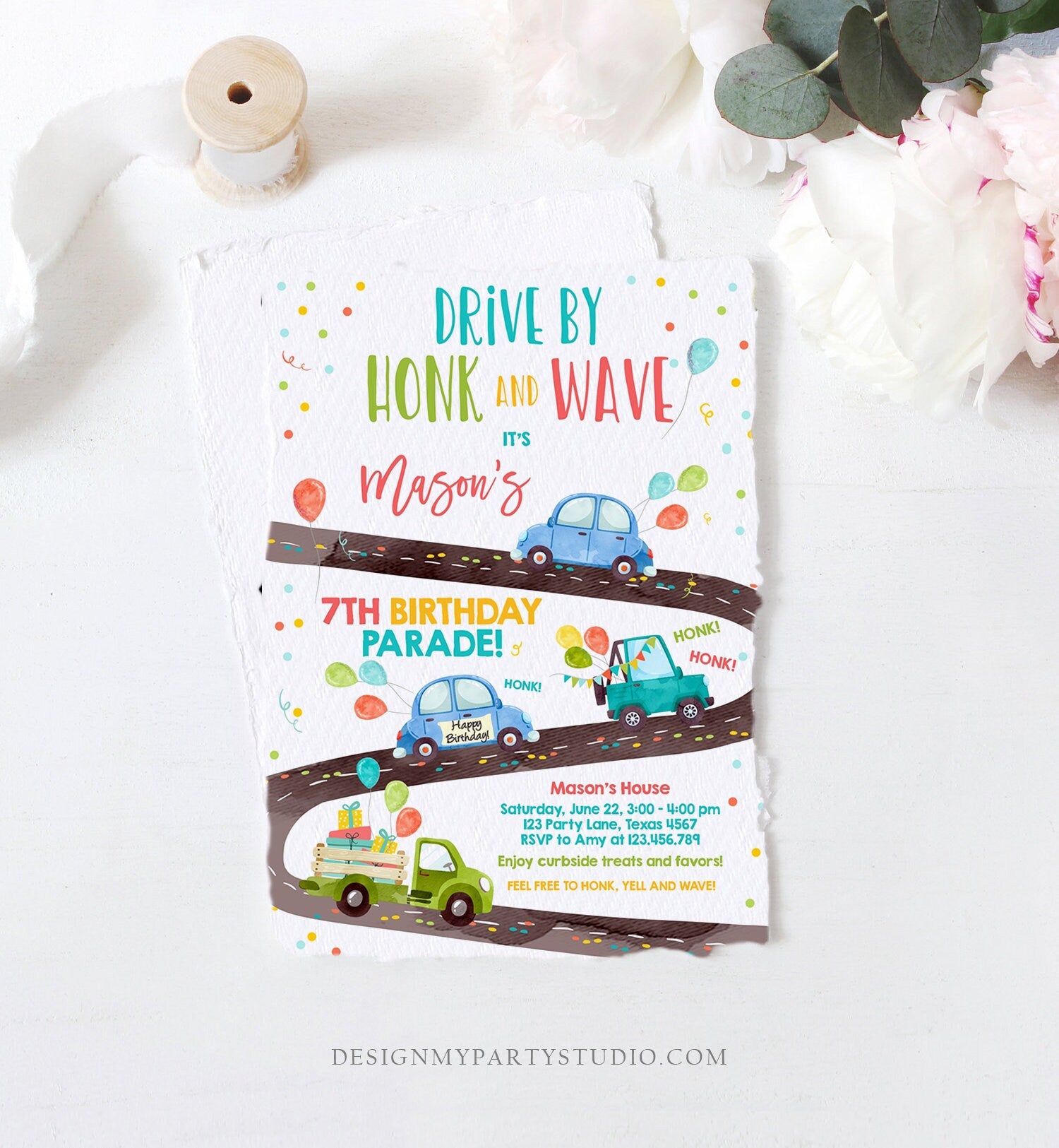 Editable Drive By Birthday Parade Invitation Virtual Party Invite Honk Wave Car Boy Blue Quarantine Instant Download Digital Corjl 0333