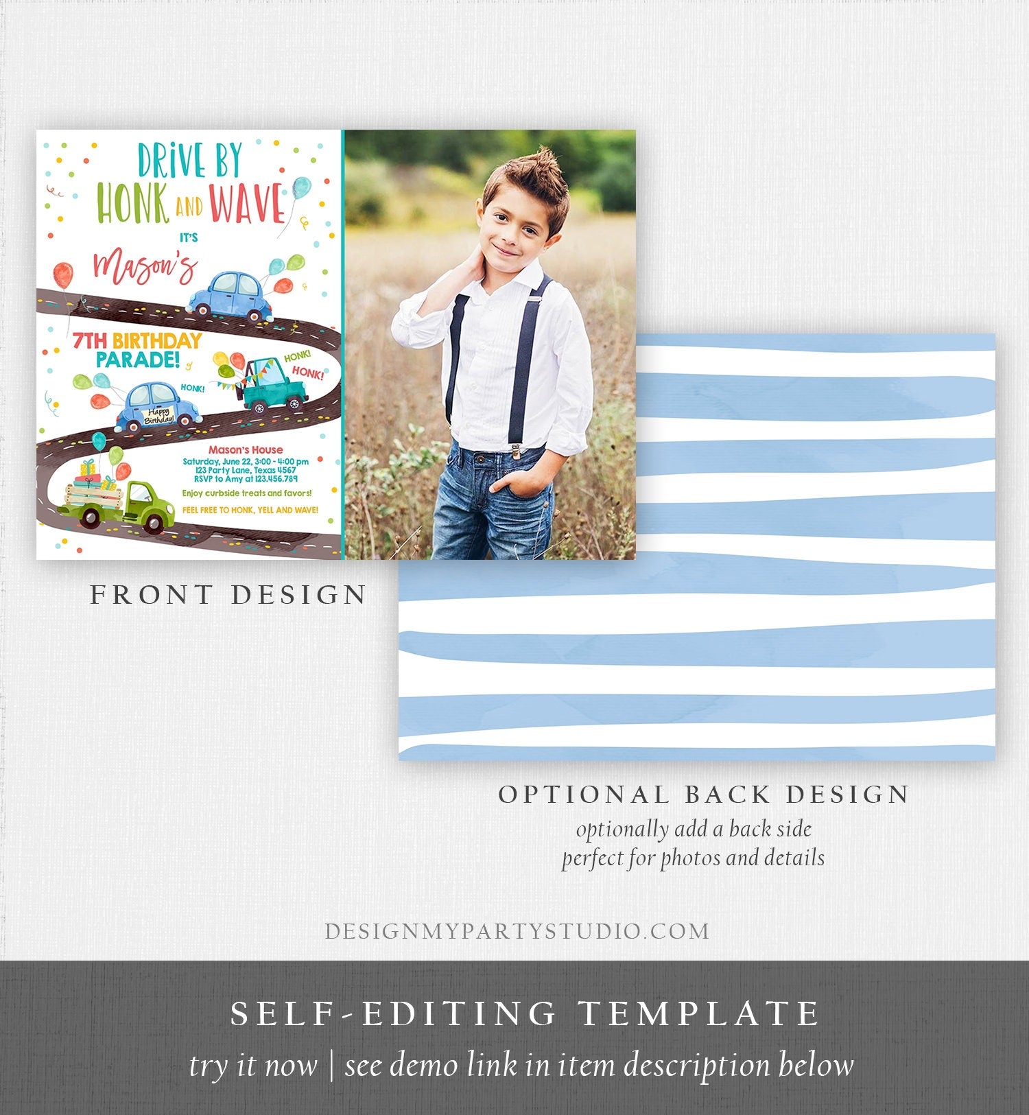 Editable Drive By Birthday Parade Invitation Virtual Party Invite Honk Wave Car Boy Blue Quarantine Instant Download Digital Corjl 0333