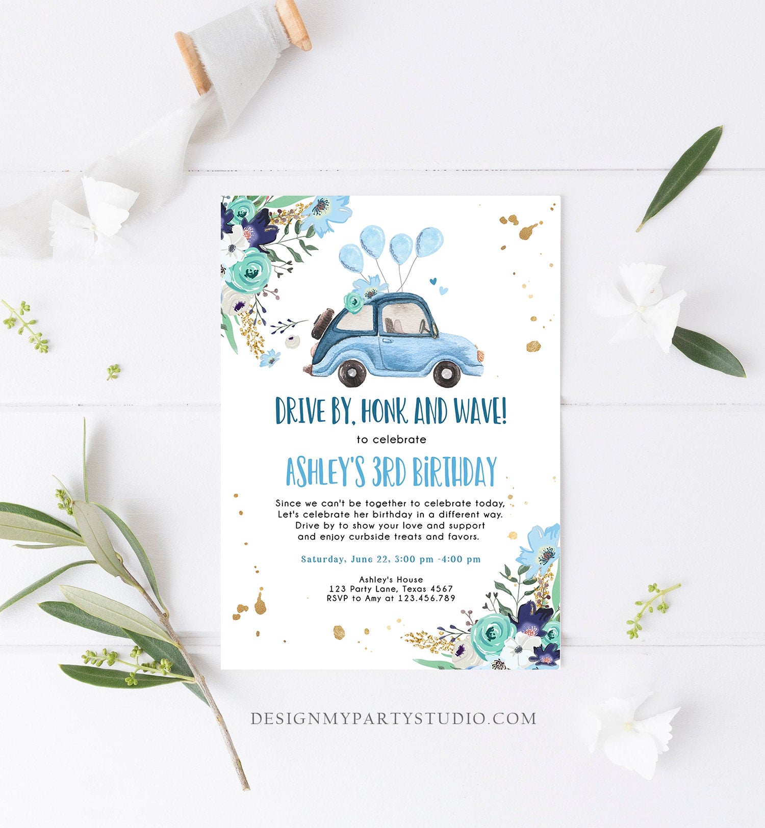 Editable Drive By Birthday Parade Invitation Virtual Party Invite Honk Wave Car Girl Blue Quarantine Through Download Digital Corjl 0335
