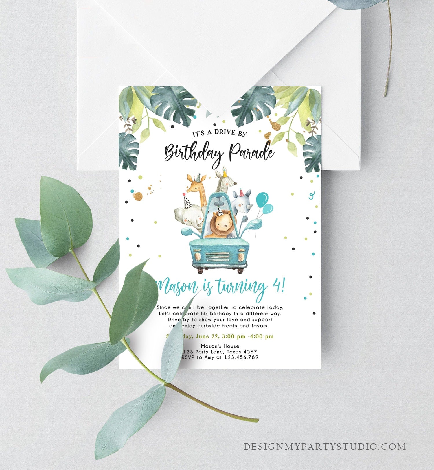 Editable Drive By Birthday Parade Invitation Boy Blue Gold Safari Animals Car Drive Through Quarantine Social Distancing Party Corjl 0345