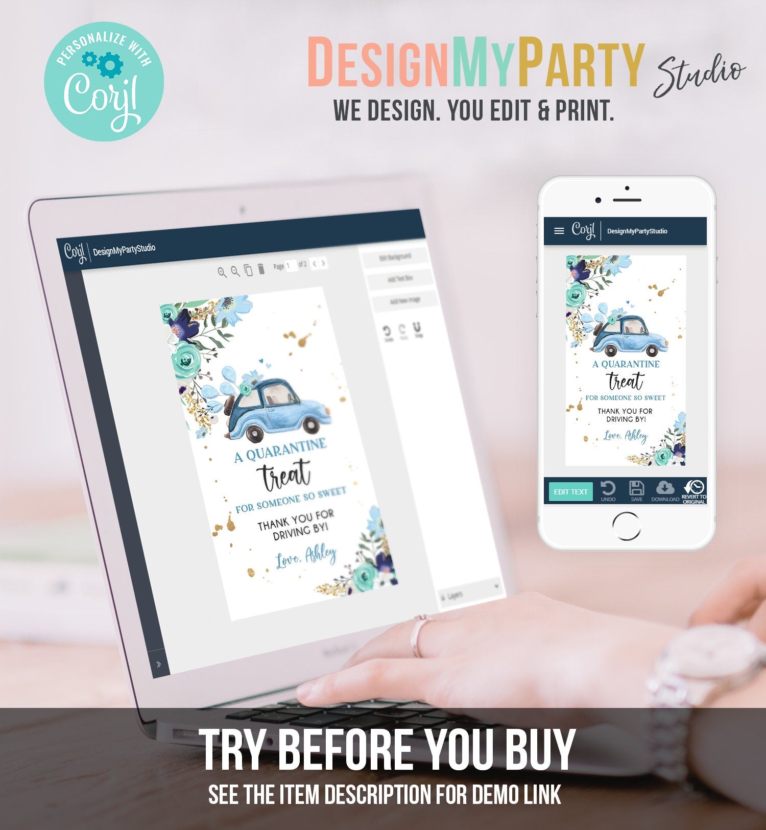 Editable Drive By Favor Tag Drive Through Baby Shower Bridal Shower Birthday Thank You Gift Tags Quarantine Blue Floral Boy Corjl 0335