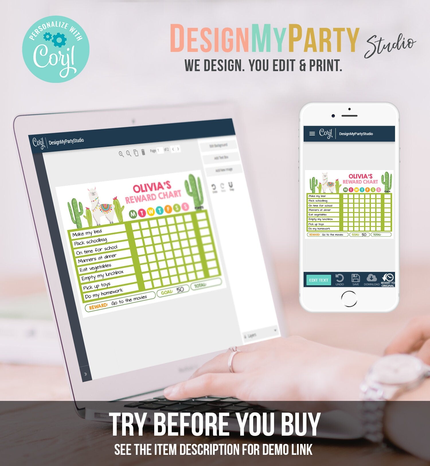 Editable Kids Chore Chart Reward Chart Llama for Kids Chores Responsibility Chart Girl Fillable Chore Chart Printable Template Corjl 0079