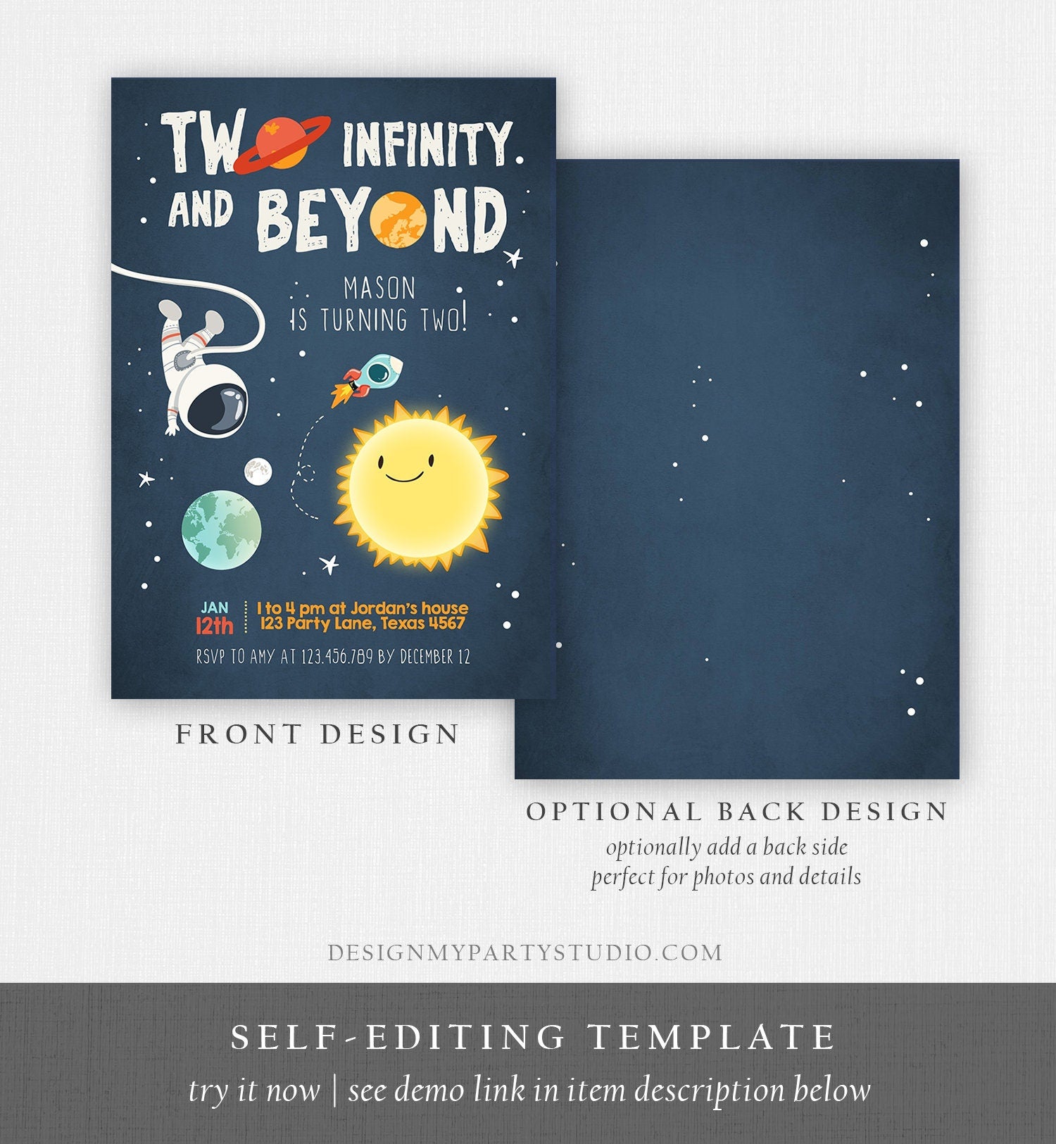 Editable Outer Space Birthday Invitation Two Infinity and Beyond Birthday Astronaut Rocket Download Printable Template Digital Corjl 0046