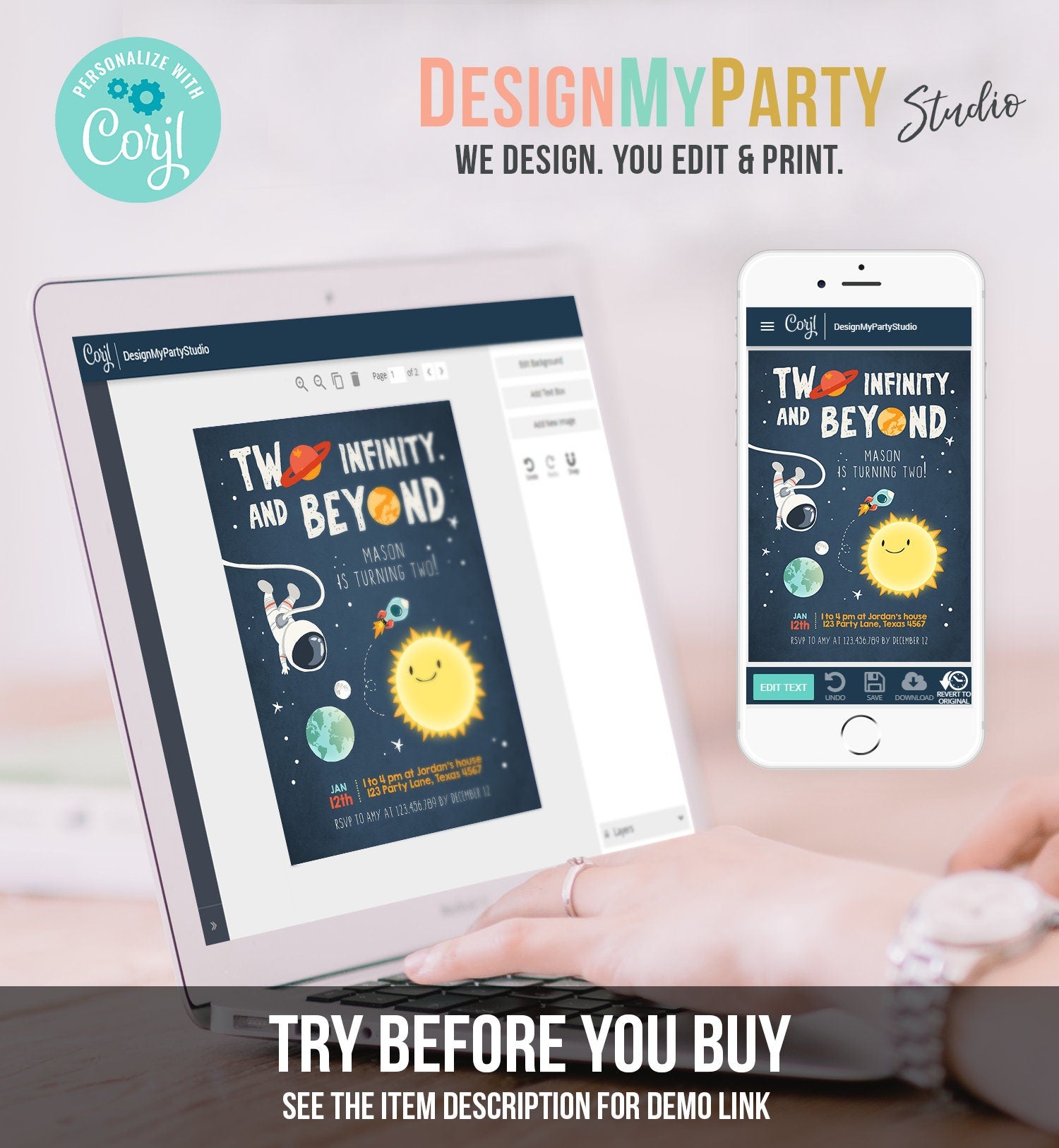 Editable Outer Space Birthday Invitation Two Infinity and Beyond Birthday Astronaut Rocket Download Printable Template Digital Corjl 0046