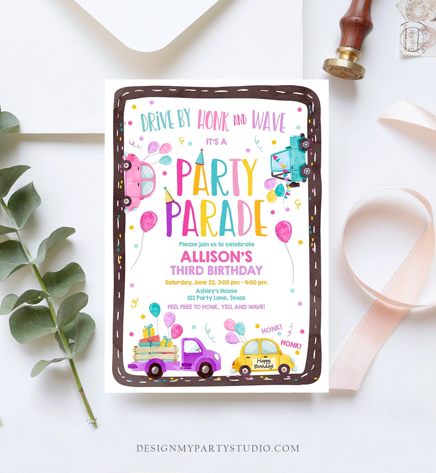 Editable Drive By Birthday Parade Invitation Virtual Party Invite Honk Wave Car Girl Pink Quarantine Instant Download Digital Corjl 0333