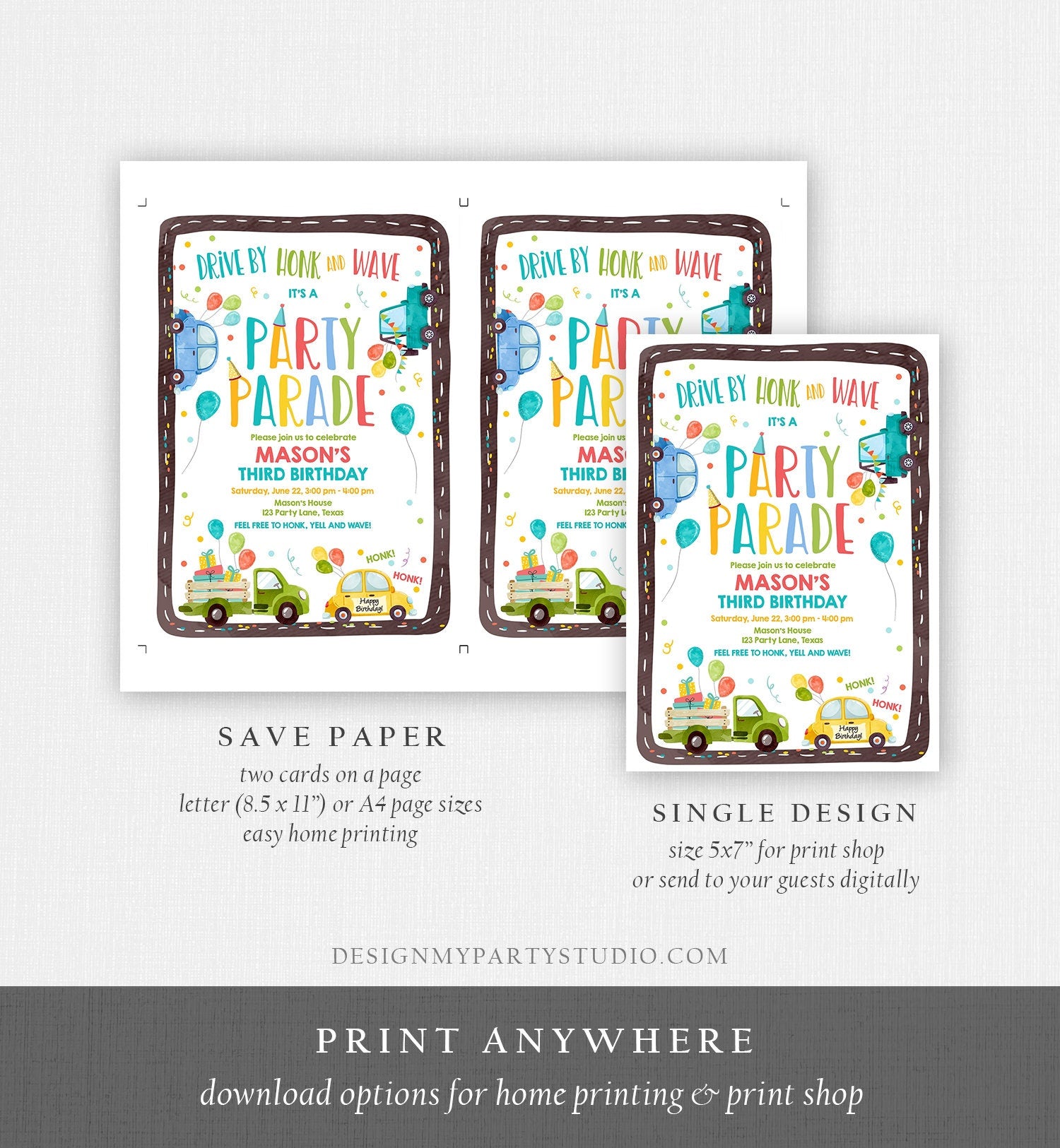 Editable Drive By Birthday Parade Invitation Virtual Party Invite Honk Wave Car Boy Blue Quarantine Instant Download Digital Corjl 0333