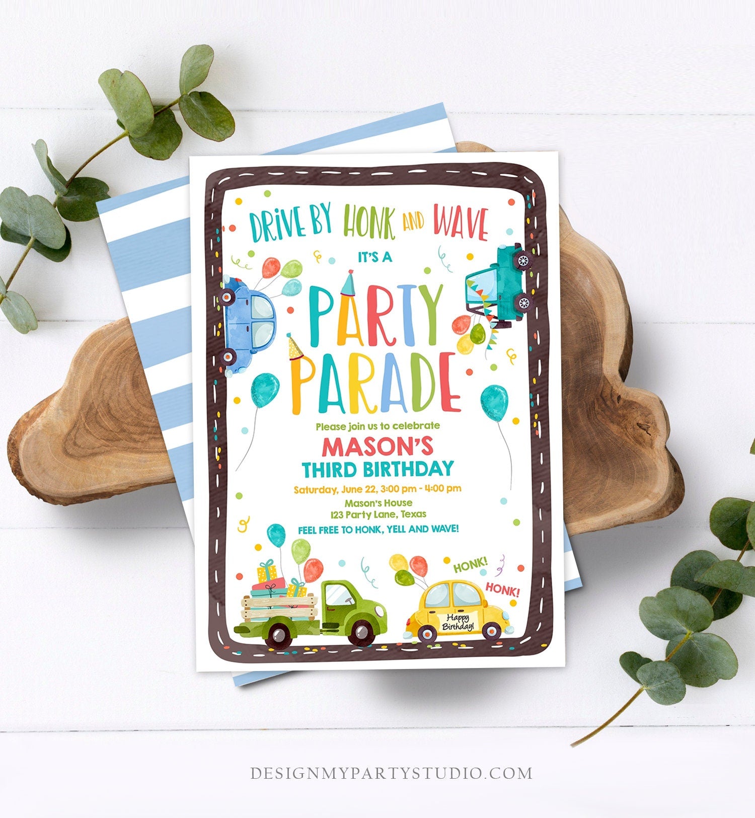 Editable Drive By Birthday Parade Invitation Virtual Party Invite Honk Wave Car Boy Blue Quarantine Instant Download Digital Corjl 0333