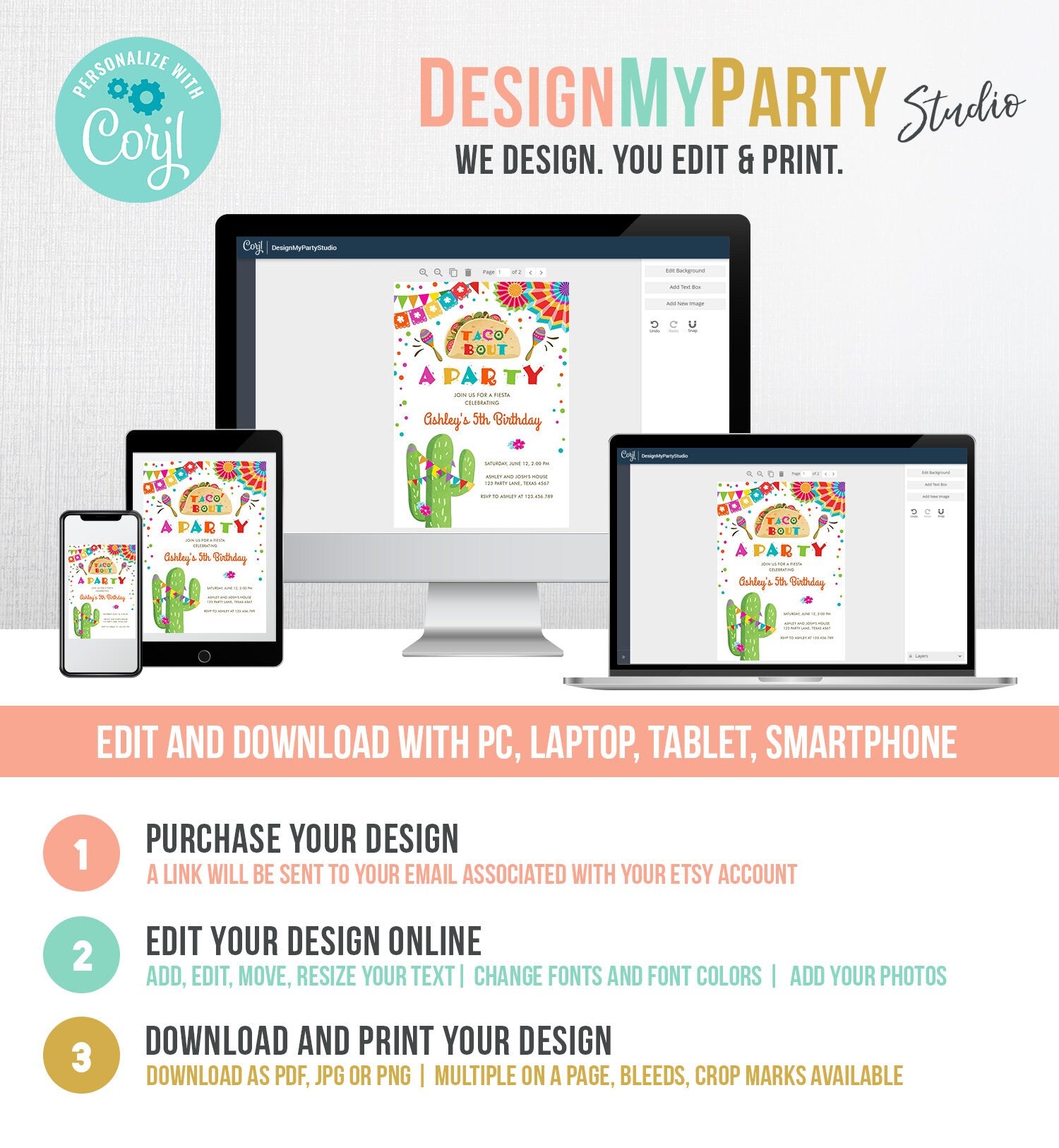 Editable Taco Bout a Party Birthday Invitation Fiesta Cactus Mexican No Time to Siesta Let's Fiesta Samba Corjl Template Printable 0045