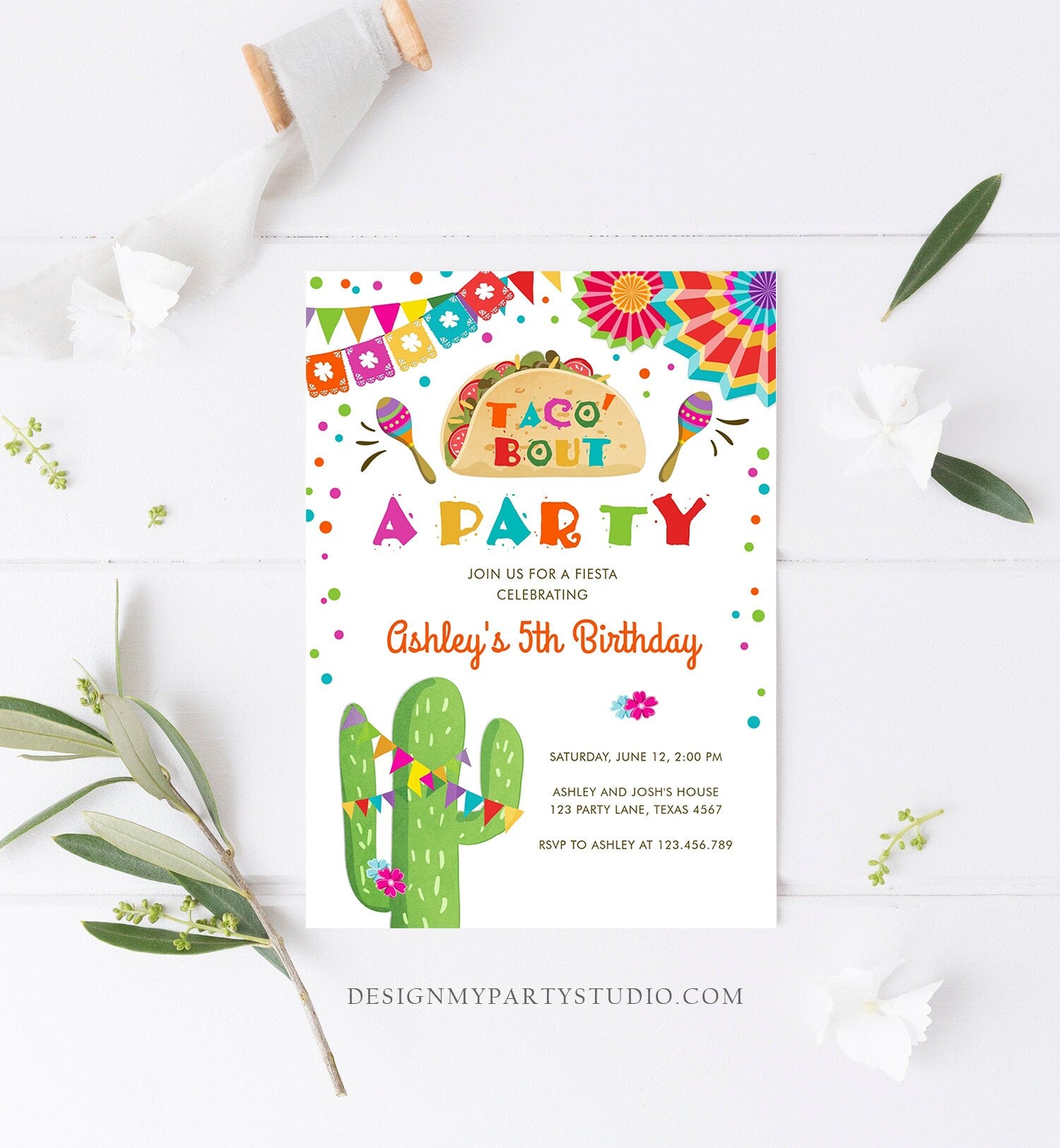 Editable Taco Bout a Party Birthday Invitation Fiesta Cactus Mexican No Time to Siesta Let's Fiesta Samba Corjl Template Printable 0045