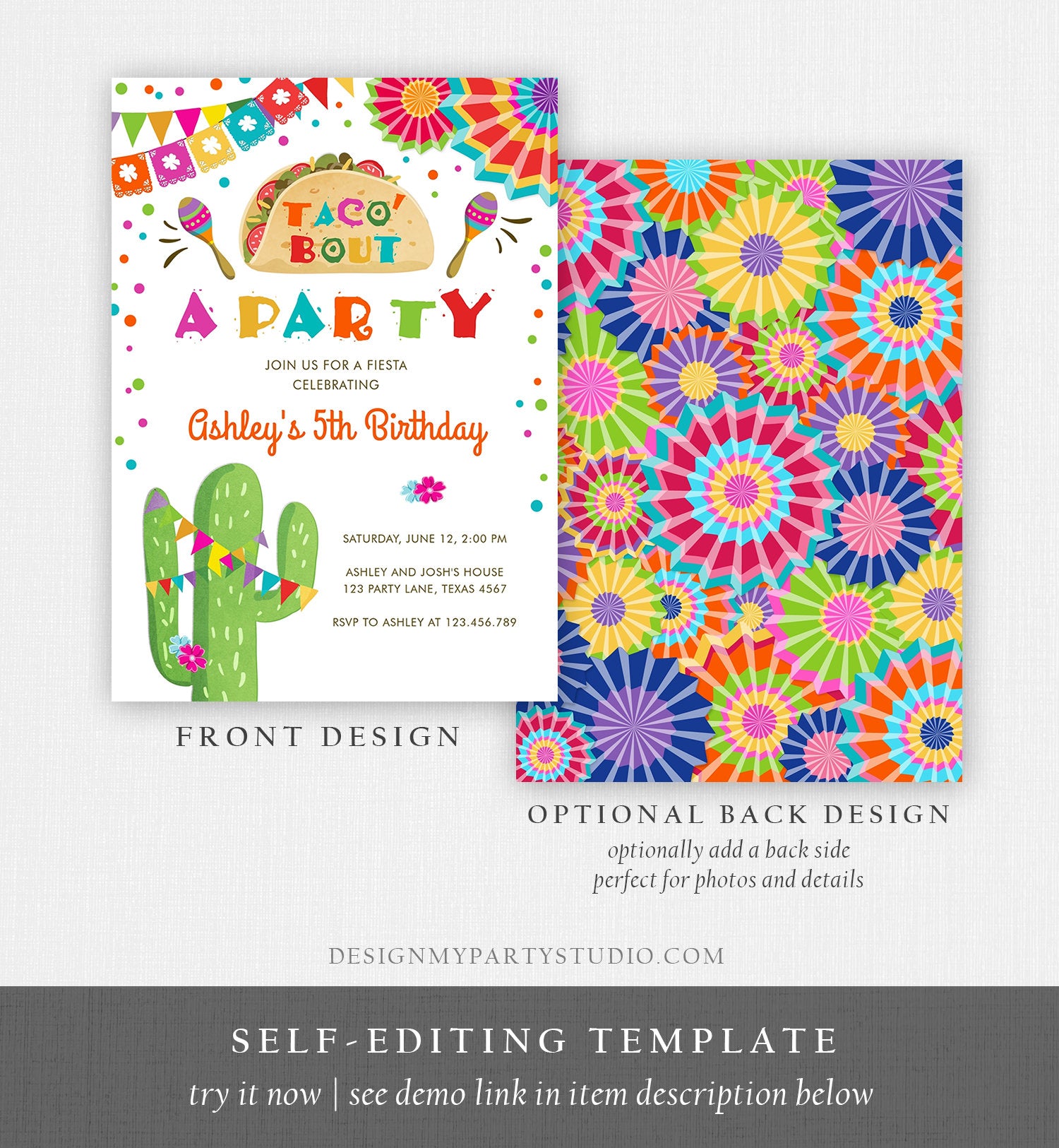 Editable Taco Bout a Party Birthday Invitation Fiesta Cactus Mexican No Time to Siesta Let's Fiesta Samba Corjl Template Printable 0045