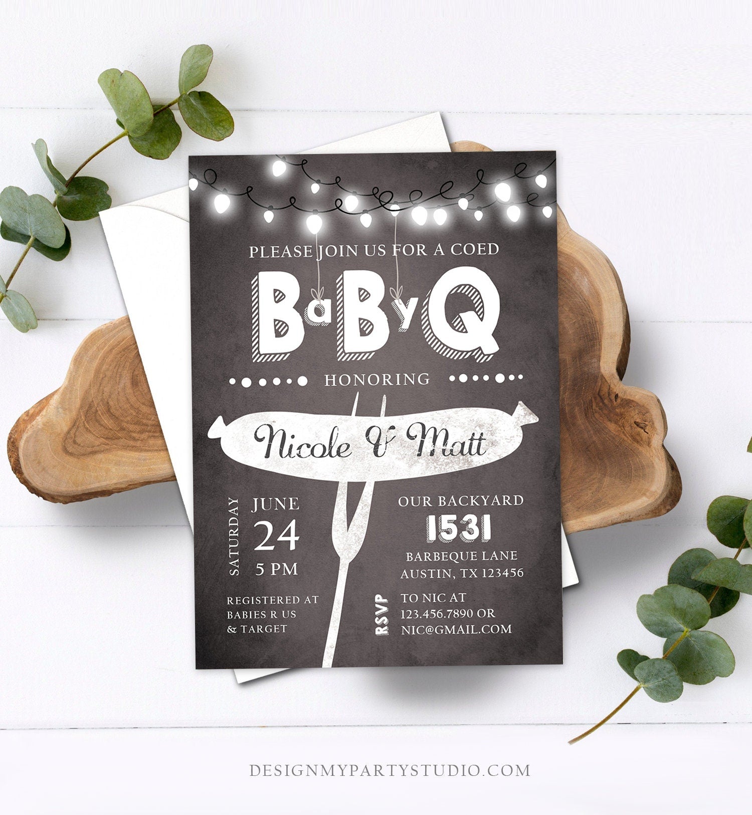 Editable Baby Q Invitation Coed BBQ Baby Shower Rustic String Lights Jars Gender Neutral Baby-Q Chalk Backyard Corjl Template Printable 0145