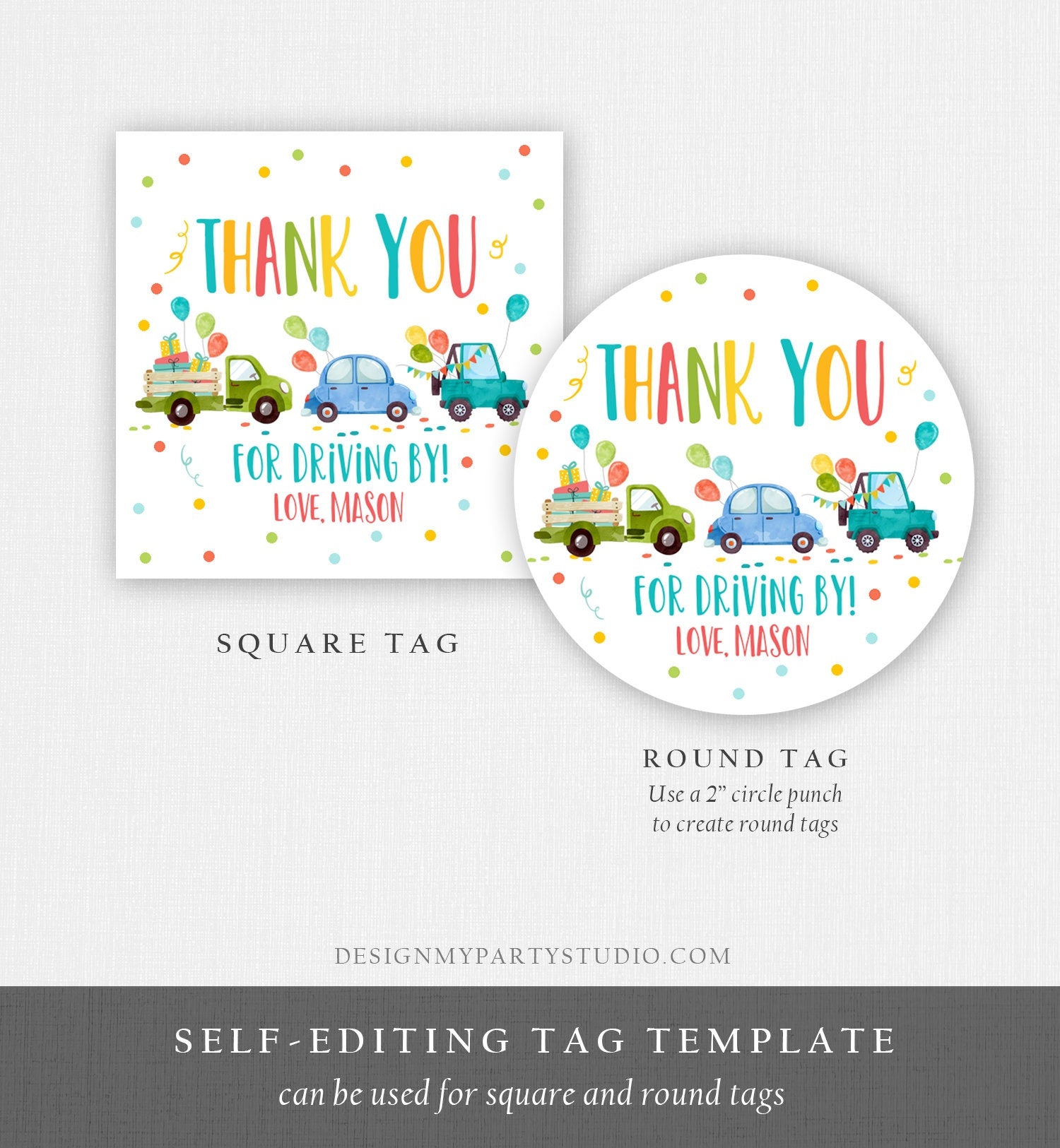 Editable Drive By Favor Tag Drive By Birthday Parade Thank You Gift Tags Quarantine Blue Car Boy Round Square Sticker Corjl Template 0333