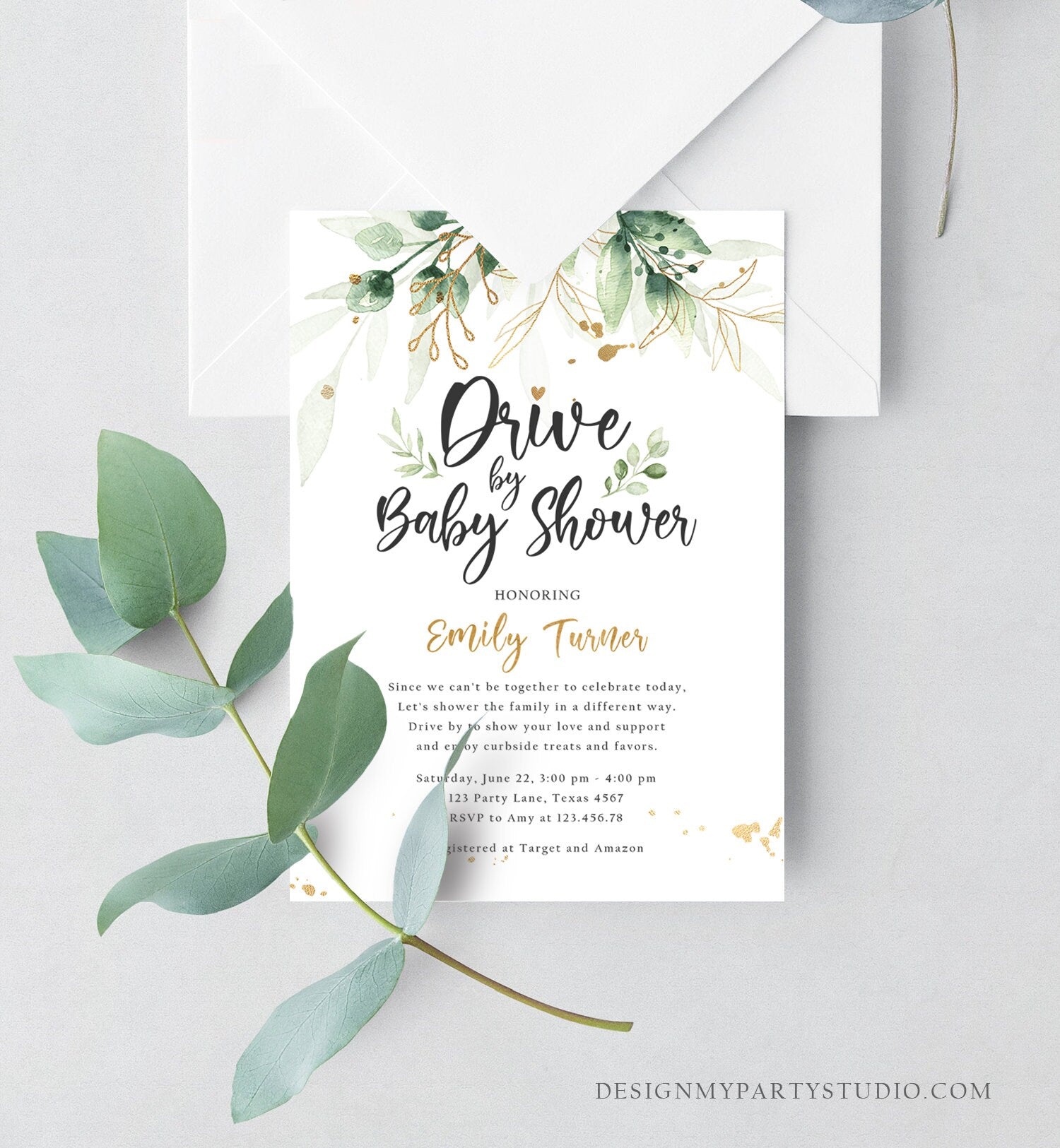 Editable Drive By Baby Shower Invitation Drive Through Social Distancing Gold Green Floral Greenery Couples Shower Green Corjl Template 0168