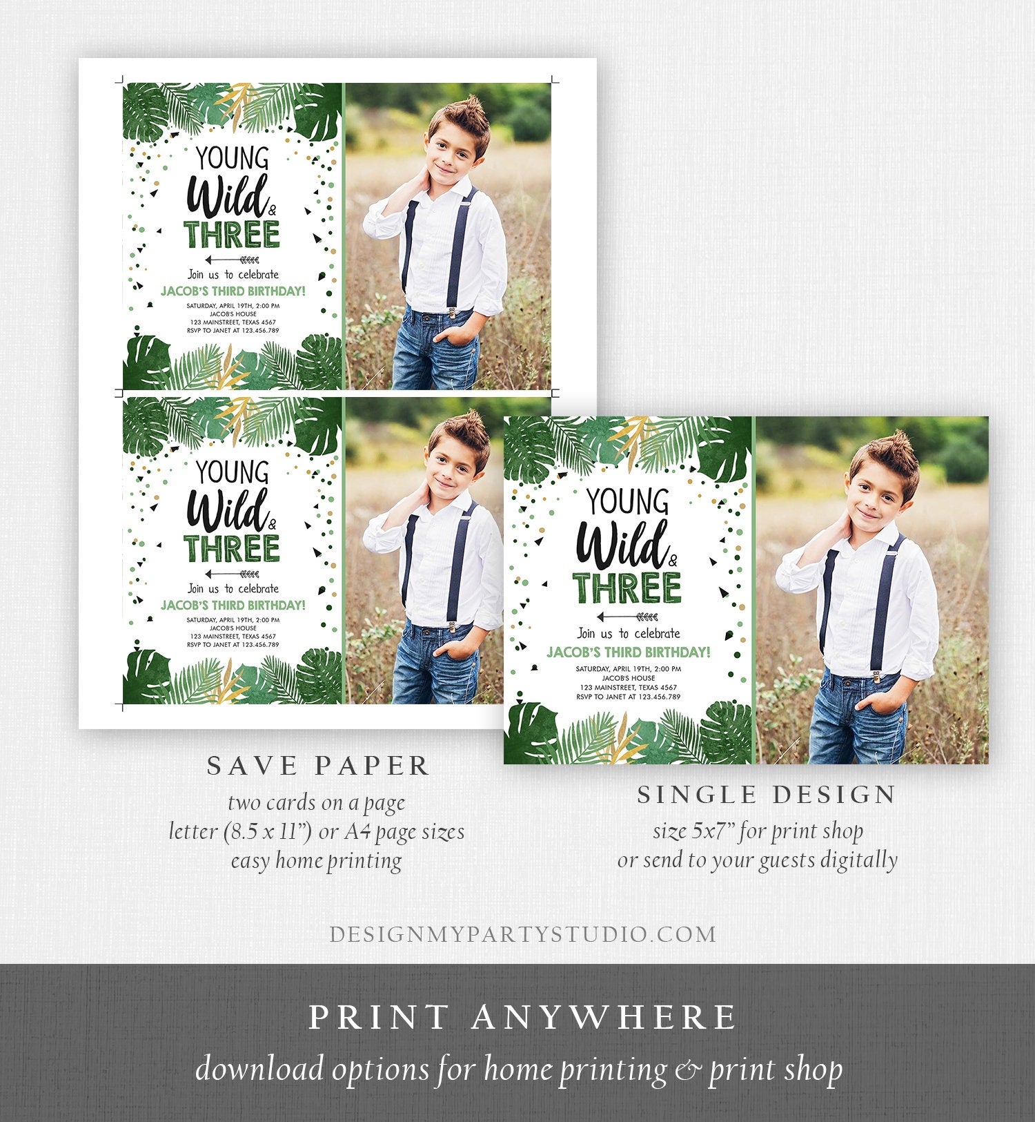 Editable Young Wild and Three Birthday Invitation Safari Tropical Party 3rd Third Birthday Boy Gold Download Printable Corjl Template 0332