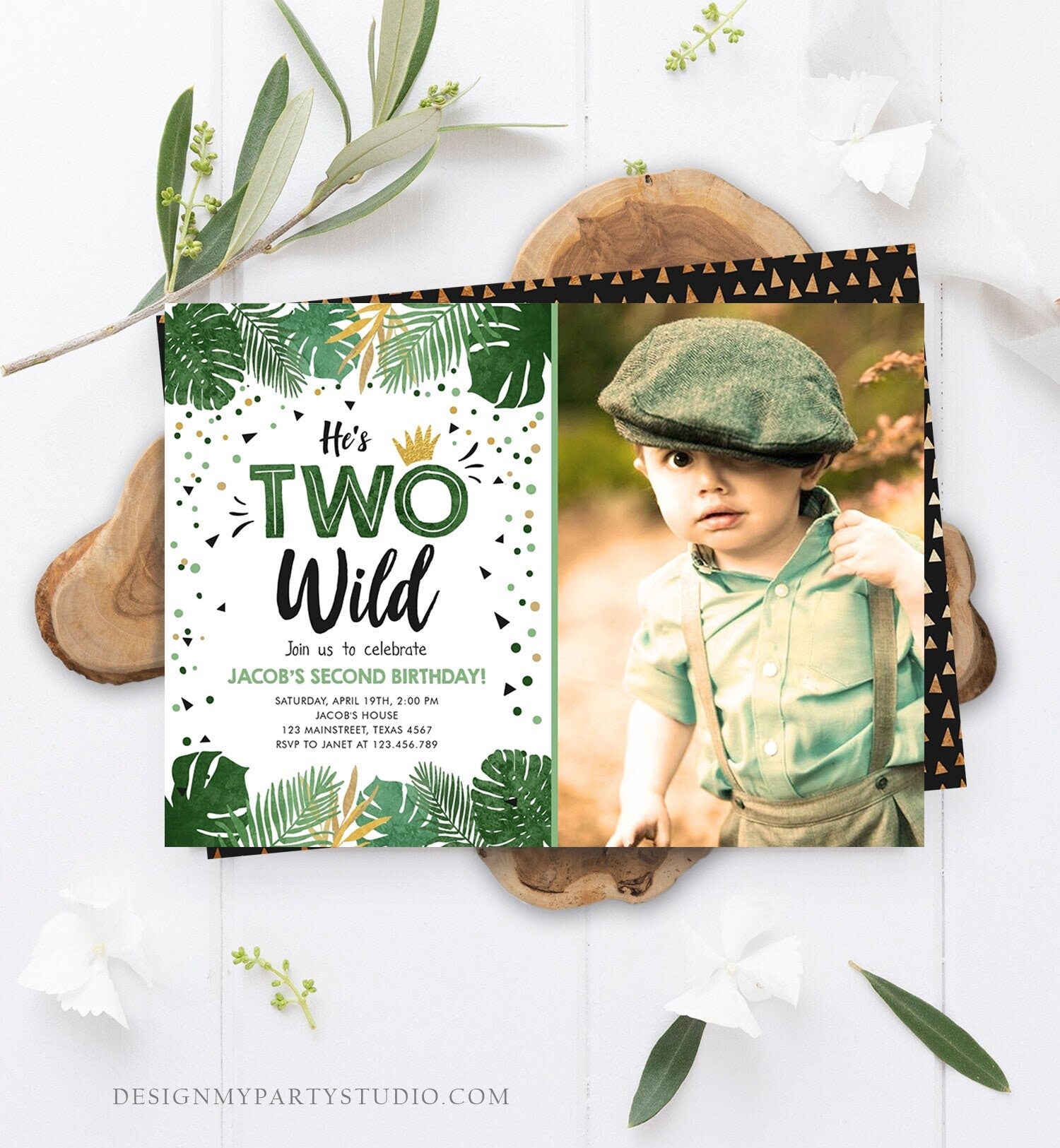 Editable Two Wild Birthday Invitation Boy Tropical Safari Boy Gold Jungle Second Birthday 2nd Download Corjl Template Printable 0332