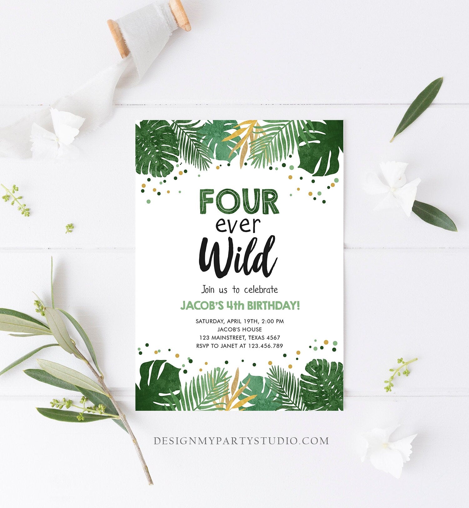 Editable Fourever Wild Birthday Invitation Tropical Safari Zoo Jungle Party Gold Boy Fourth Birthday 4th Four Ever Wild Corjl Template 0332