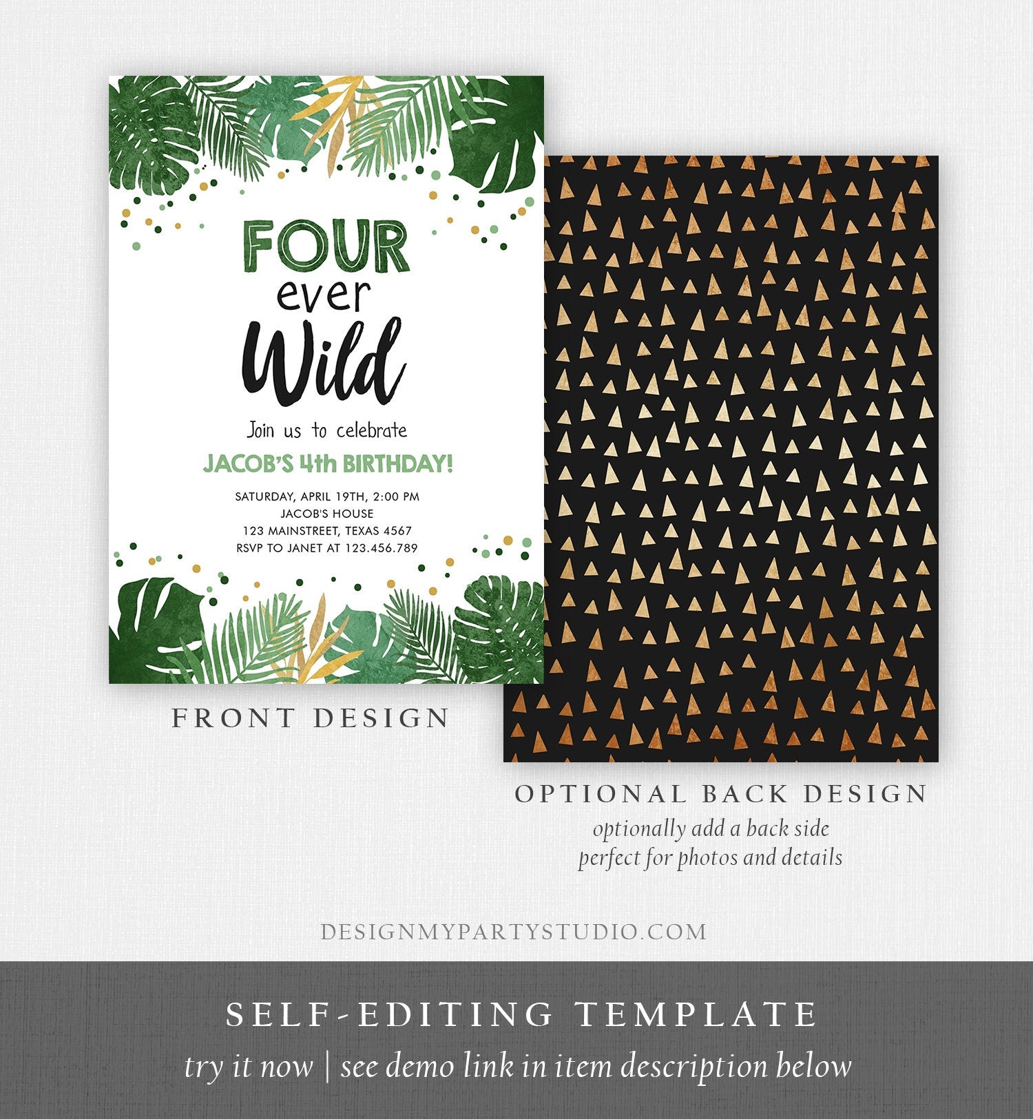 Editable Fourever Wild Birthday Invitation Tropical Safari Zoo Jungle Party Gold Boy Fourth Birthday 4th Four Ever Wild Corjl Template 0332
