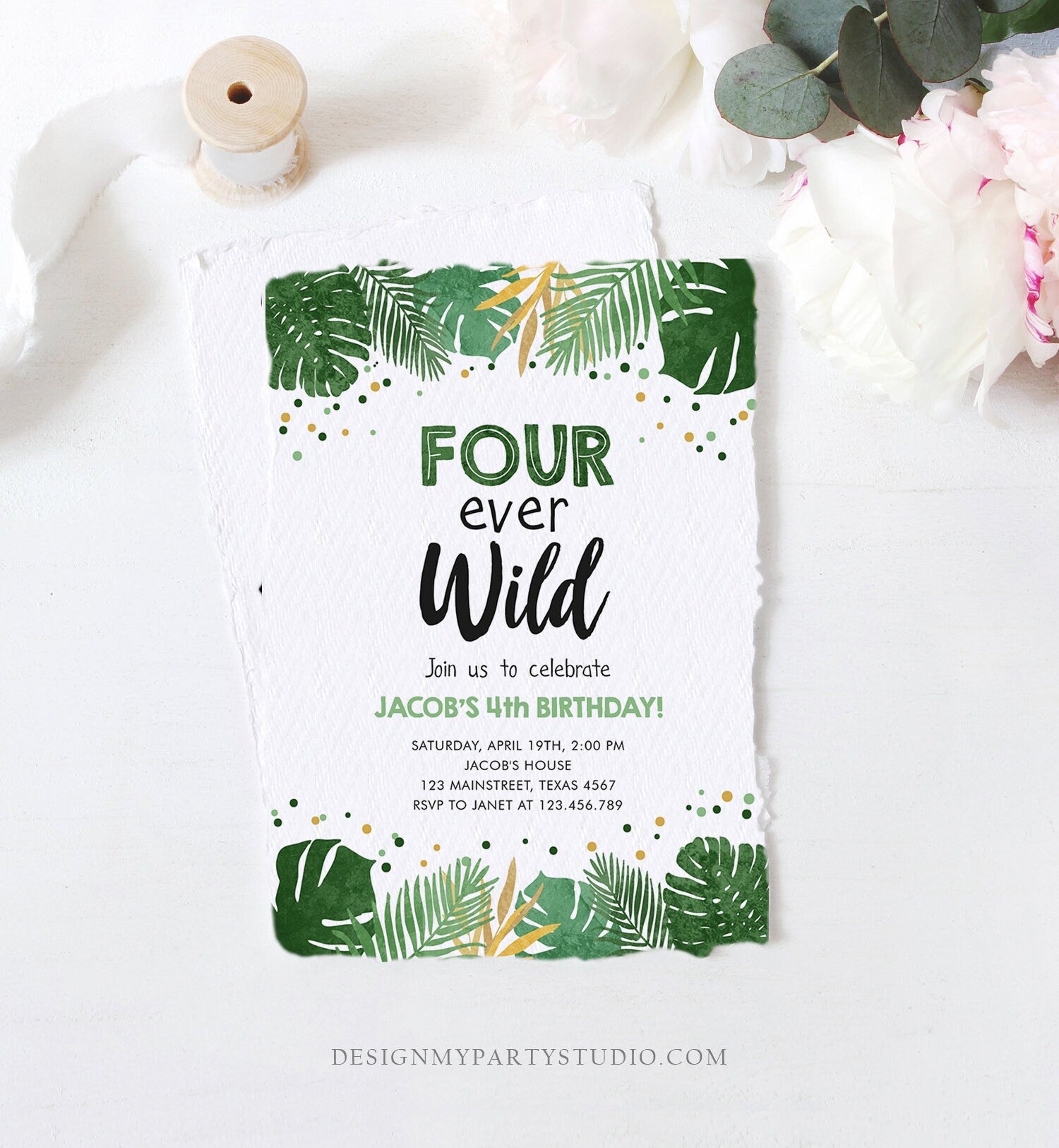 Editable Fourever Wild Birthday Invitation Tropical Safari Zoo Jungle Party Gold Boy Fourth Birthday 4th Four Ever Wild Corjl Template 0332