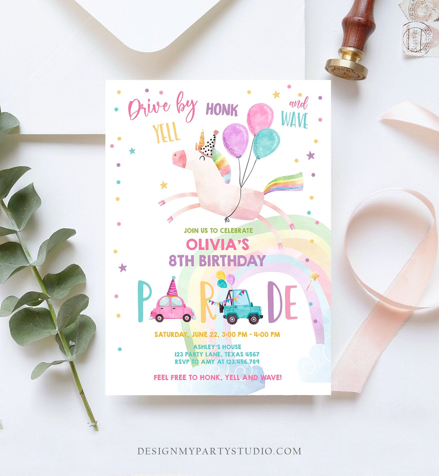 Editable Unicorn Drive By Birthday Parade Invitation Virtual Party Invite Honk Wave Car Girl Pink Quarantine Download Digital Corjl 0336
