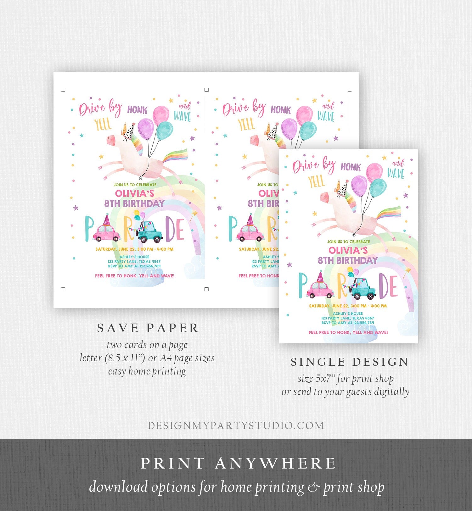 Editable Unicorn Drive By Birthday Parade Invitation Virtual Party Invite Honk Wave Car Girl Pink Quarantine Download Digital Corjl 0336