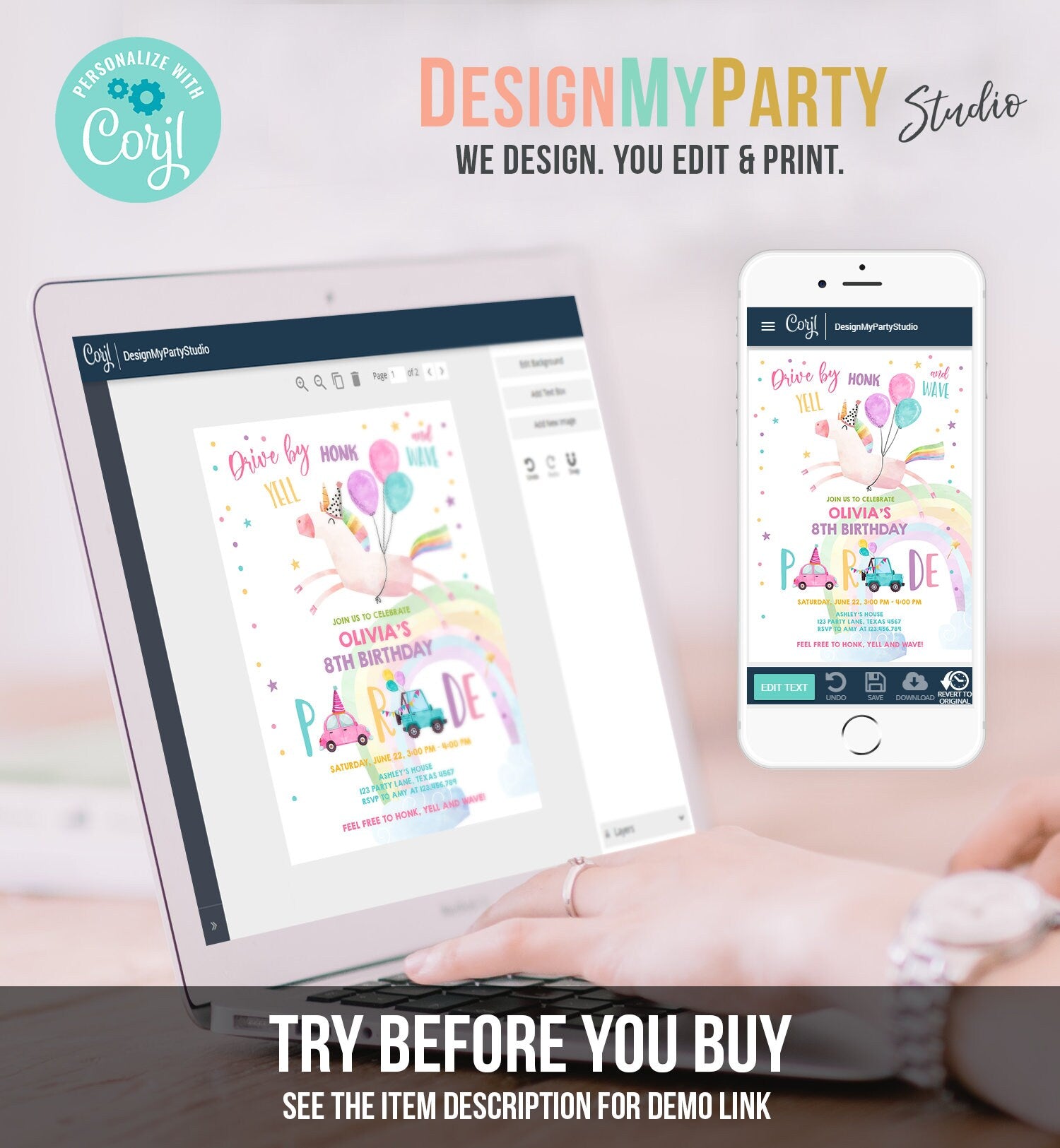 Editable Unicorn Drive By Birthday Parade Invitation Virtual Party Invite Honk Wave Car Girl Pink Quarantine Download Digital Corjl 0336