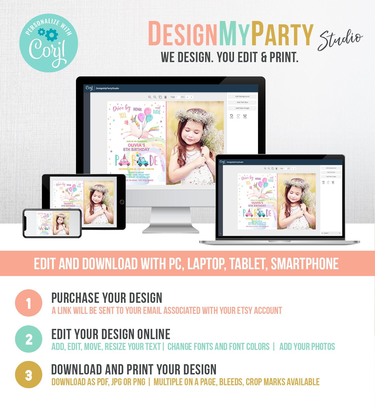 Editable Unicorn Drive By Birthday Parade Invitation Virtual Party Invite Honk Wave Car Girl Pink Quarantine Download Digital Corjl 0336