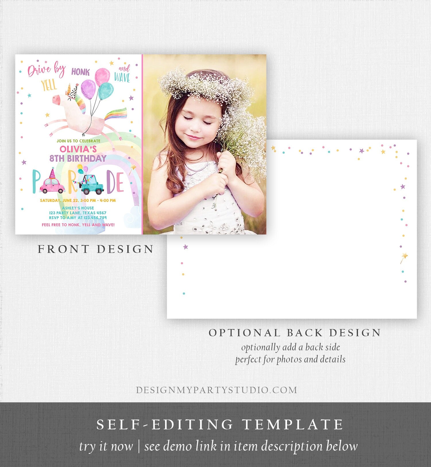 Editable Unicorn Drive By Birthday Parade Invitation Virtual Party Invite Honk Wave Car Girl Pink Quarantine Download Digital Corjl 0336