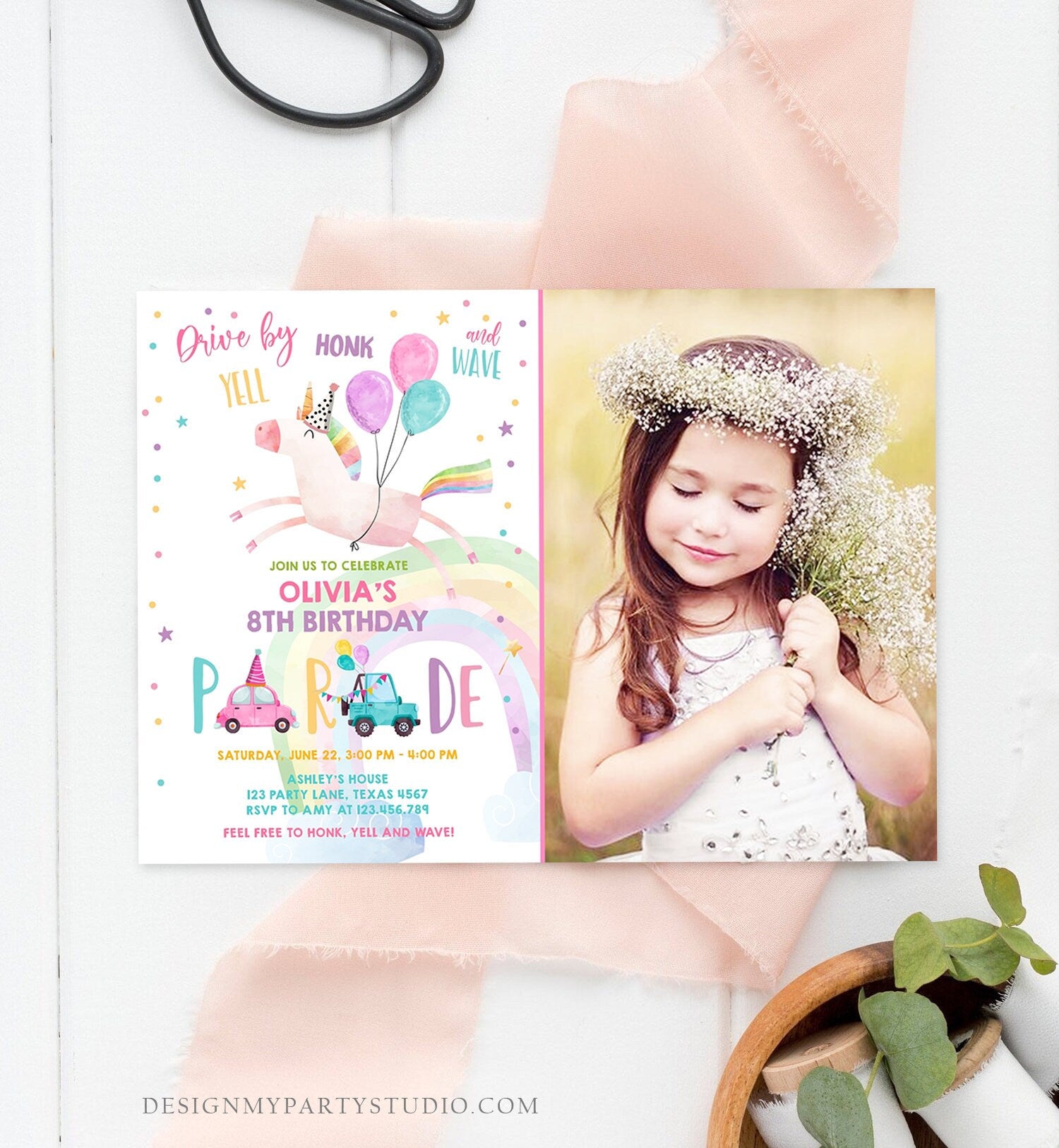 Editable Unicorn Drive By Birthday Parade Invitation Virtual Party Invite Honk Wave Car Girl Pink Quarantine Download Digital Corjl 0336