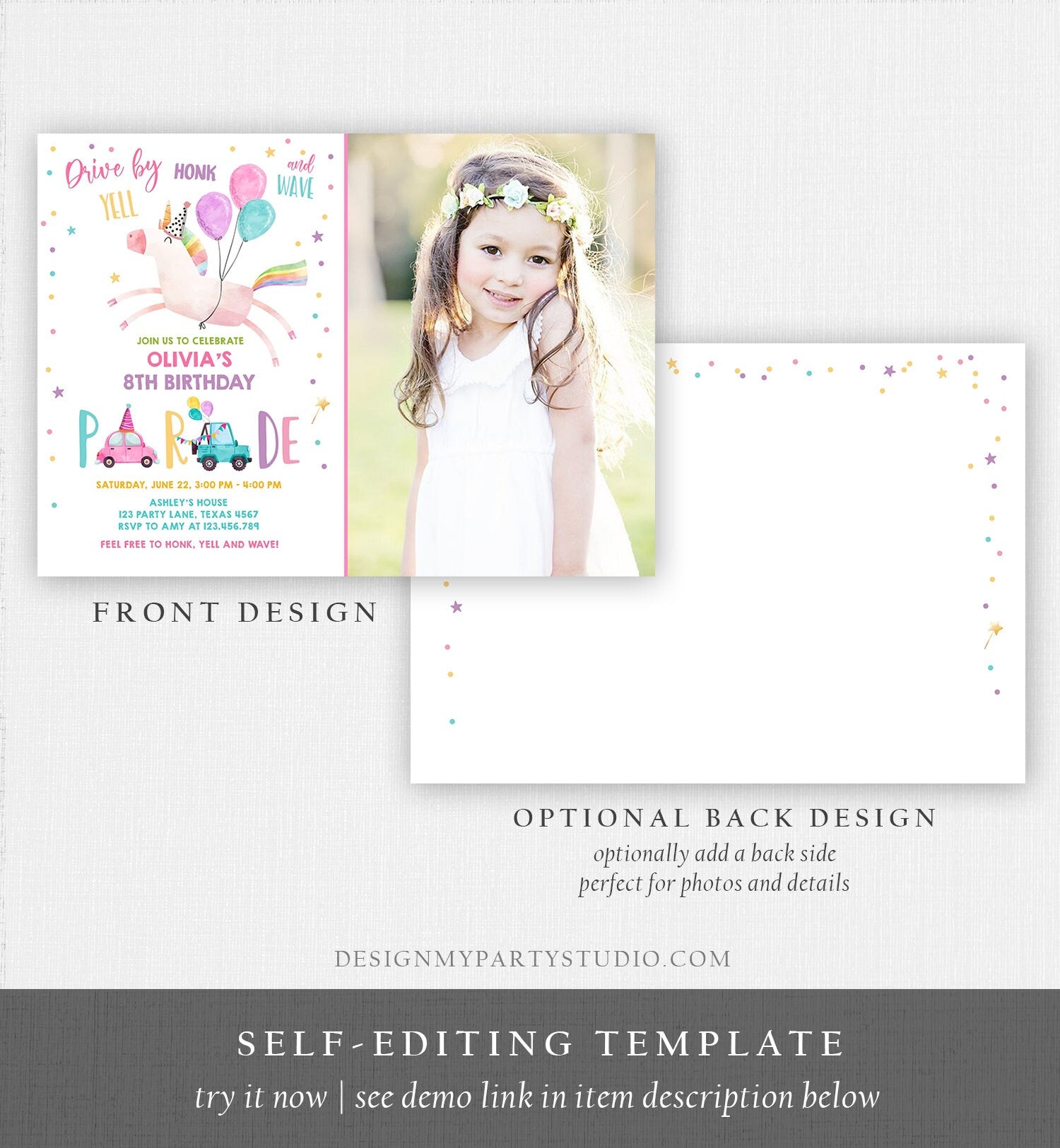 Editable Unicorn Drive By Birthday Parade Invitation Virtual Party Invite Honk Wave Car Girl Pink Quarantine Download Digital Corjl 0336