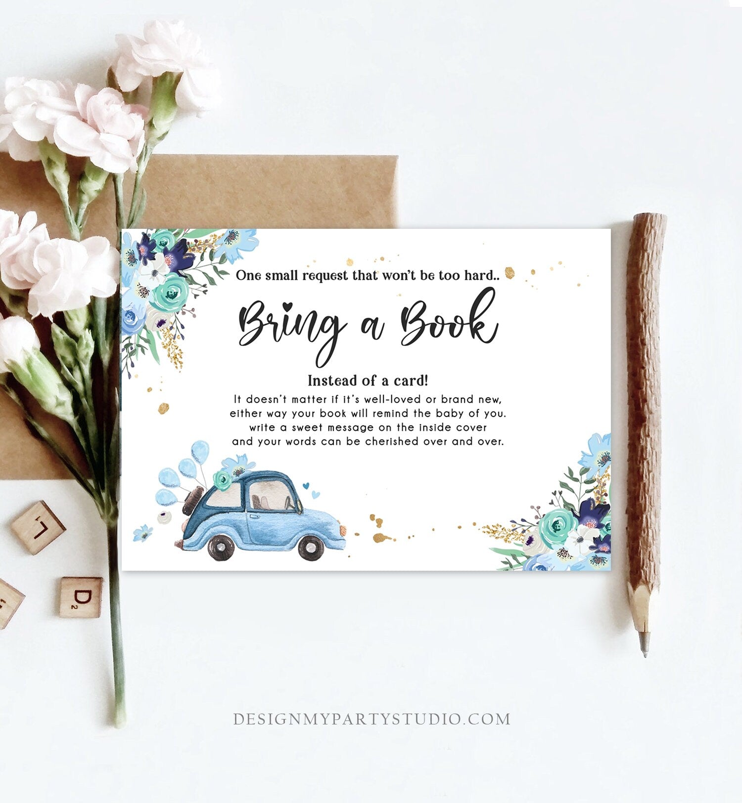 Editable Drive By Bring a Book Card Baby Shower Navy Blue Floral Boy Drive Through Book Request Baby Book Insert Ticket Corjl Template 0335
