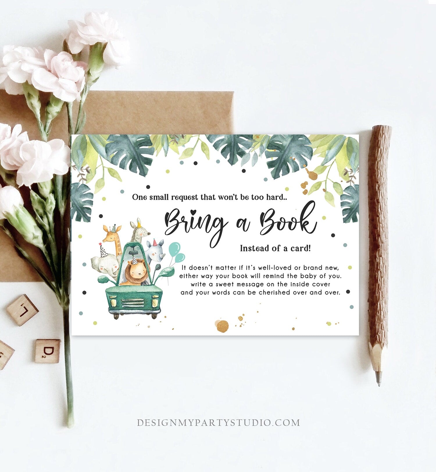Editable Drive By Bring a Book Card Baby Shower Safari Animals Navy Blue Floral Boy Drive Through Request Insert Ticket Corjl Template 0345