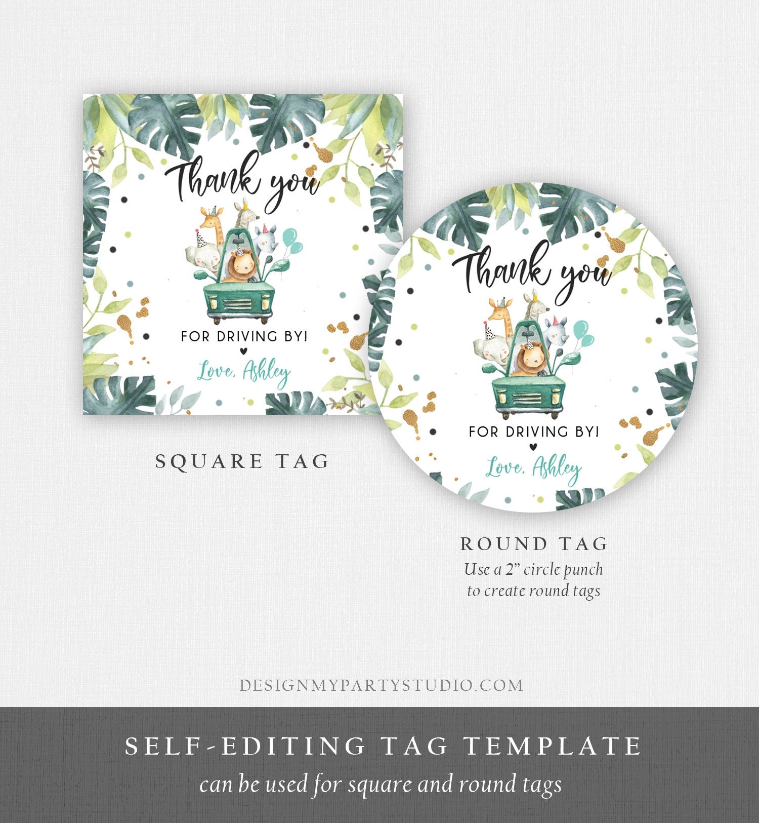 Editable Drive By Favor Tag Thank You Driving By Safari Animals Baby Shower Birthday Parade Gift Tags Quarantine Blue Car Boy Corjl 0345