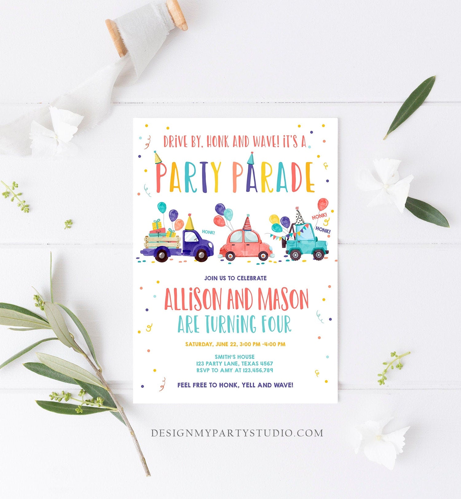 Editable Drive By Birthday Parade Invitation Virtual Party Invite Girl Boy Twin Joint Birthday Quarantine Download Digital Corjl 0333