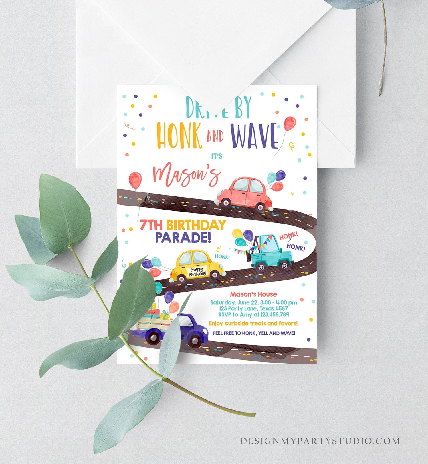 Editable Drive By Birthday Parade Invitation Virtual Party Invite Honk Wave Car Boy Girl Quarantine Instant Download Digital Corjl 0333