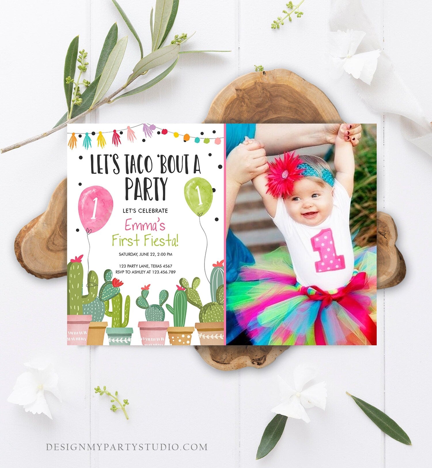 Editable Taco Bout a Party Birthday Invitation ANY AGE Fiesta Cactus Succulent 1st First Birthday Mexican Girl Pink Corjl Template 0254