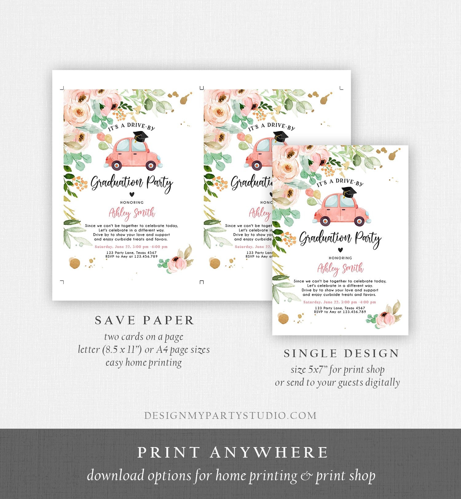 Editable Drive By Graduation Parade Invitation Virtual Graduation Party Invite Girl Quarantine 2020 Graduate Download Digital Corjl 0346