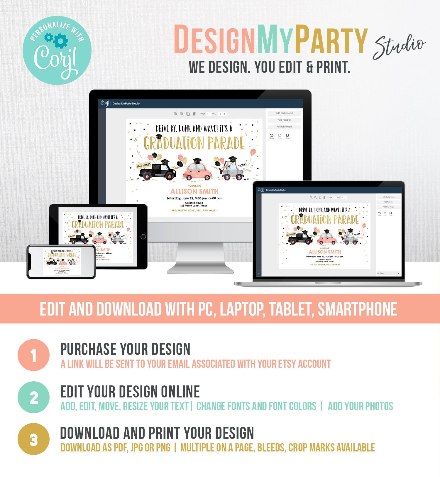 Editable Drive By Graduation Parade Invitation Virtual Party Coral Girl Graduate High School Grad Class 2021 Quarantine Digital Corjl 0337