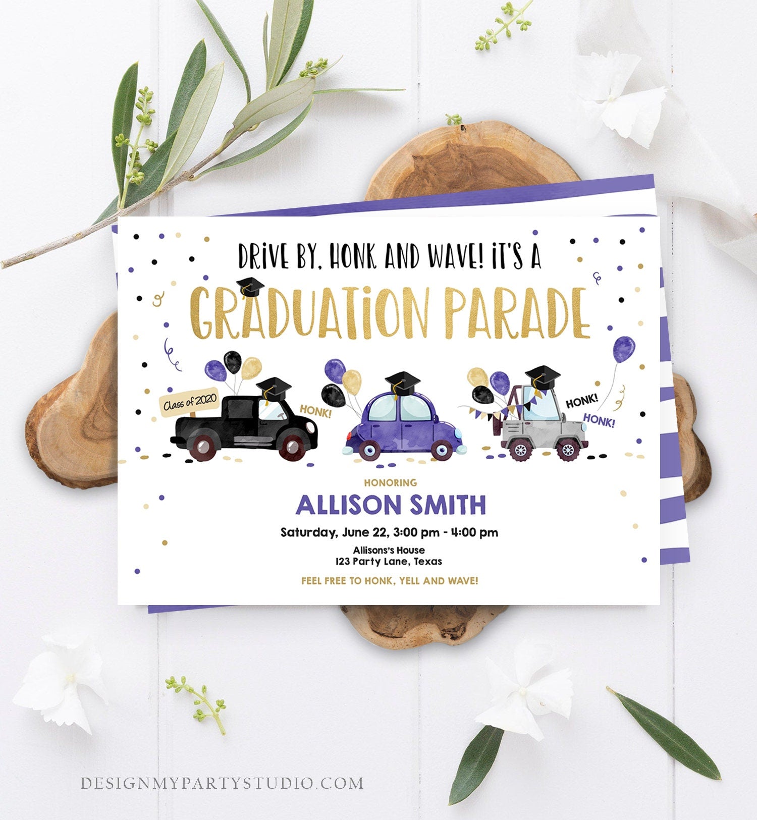 Editable Drive By Graduation Parade Invitation Virtual Party Blue Girl Graduate High School Grad Class 2021 Quarantine Digital Corjl 0337