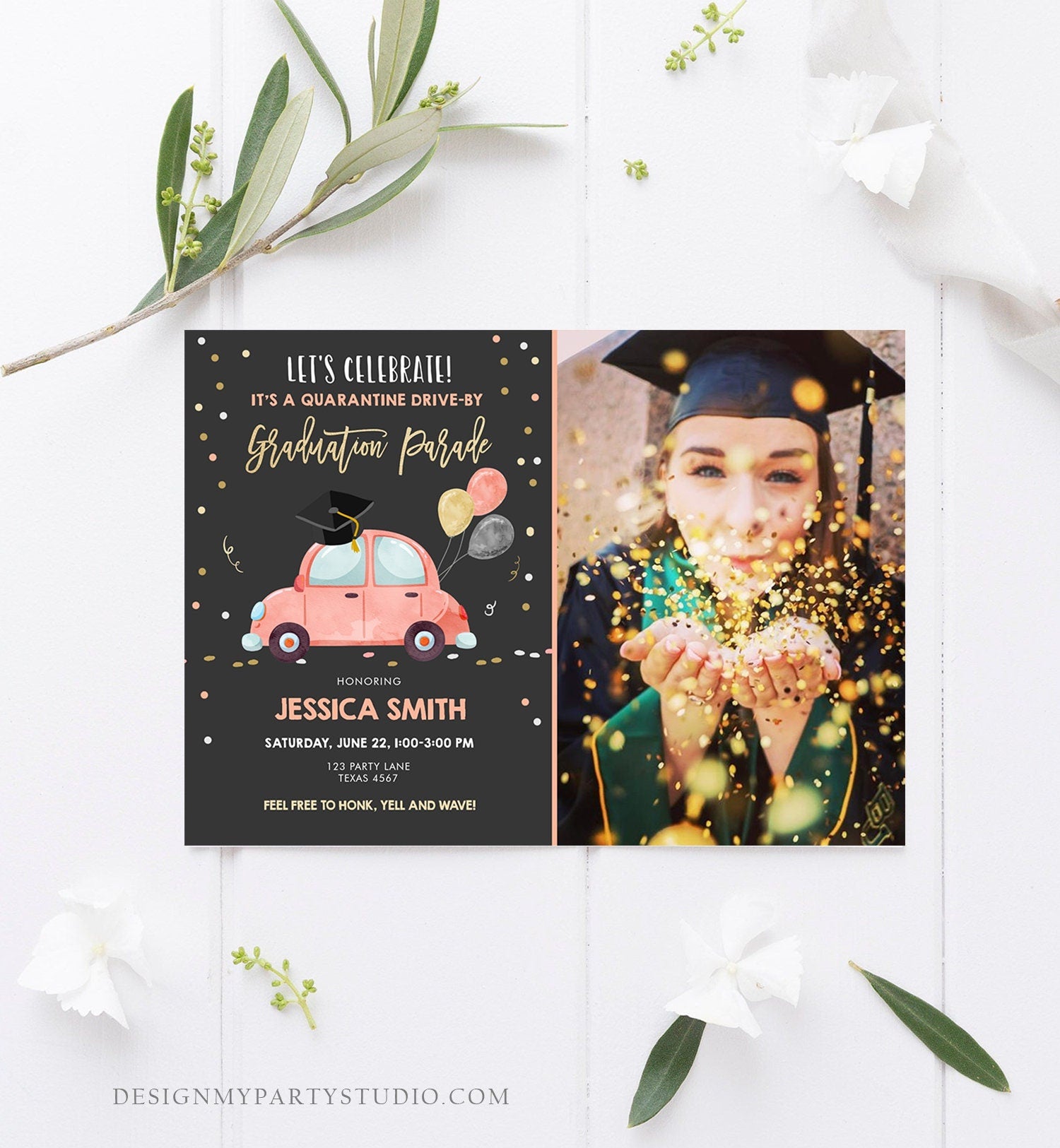 Editable Drive By Graduation Parade Invitation Virtual Party Coral Girl Graduate High School Grad Class 2021 Quarantine Digital Corjl 0337