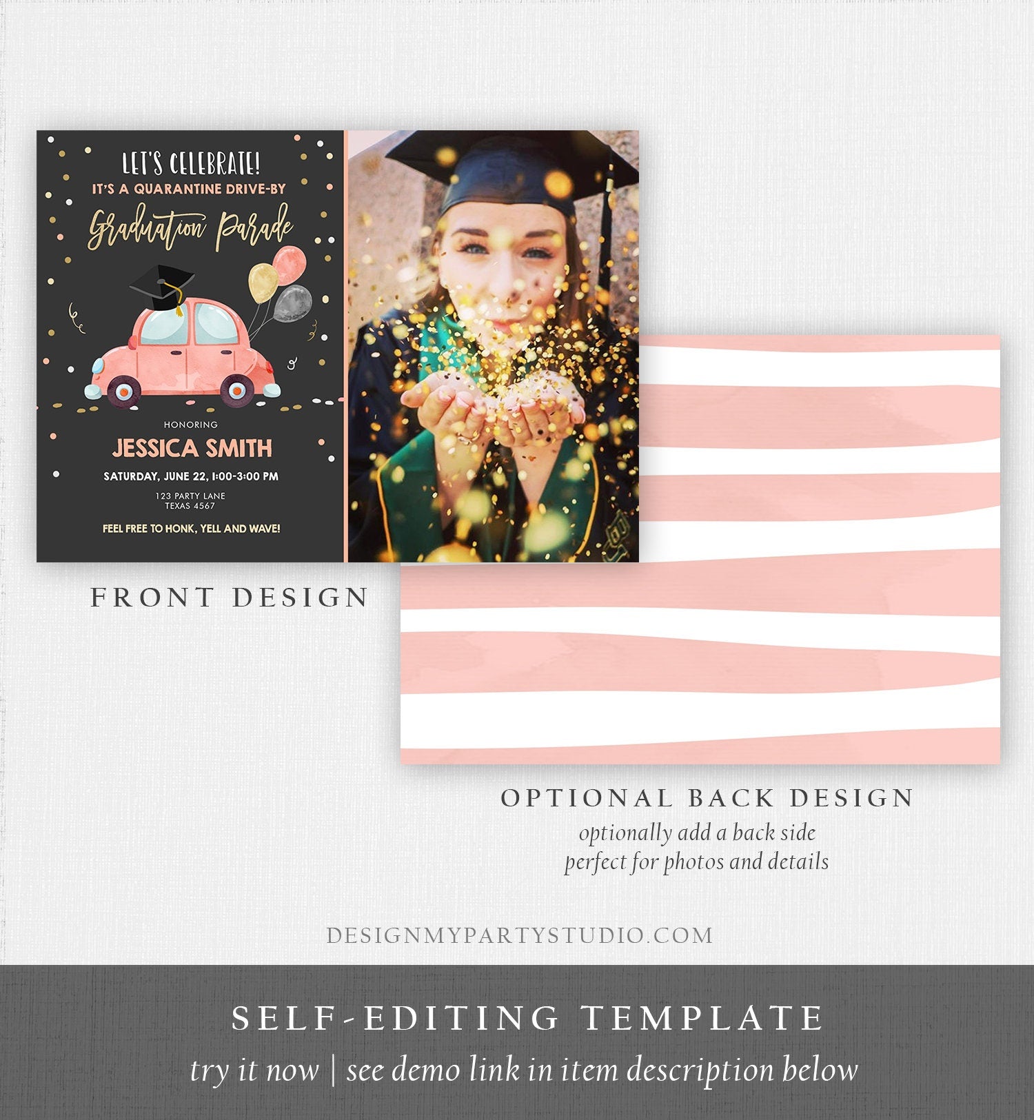 Editable Drive By Graduation Parade Invitation Virtual Party Coral Girl Graduate High School Grad Class 2021 Quarantine Digital Corjl 0337