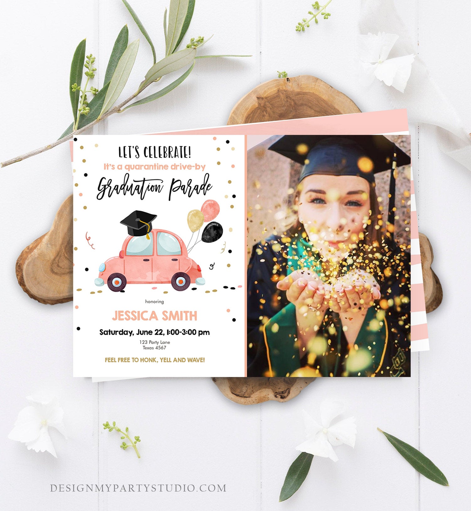 Editable Drive By Graduation Parade Invitation Virtual Party Coral Girl Graduate High School Grad Class 2020 Quarantine Digital Corjl 0337