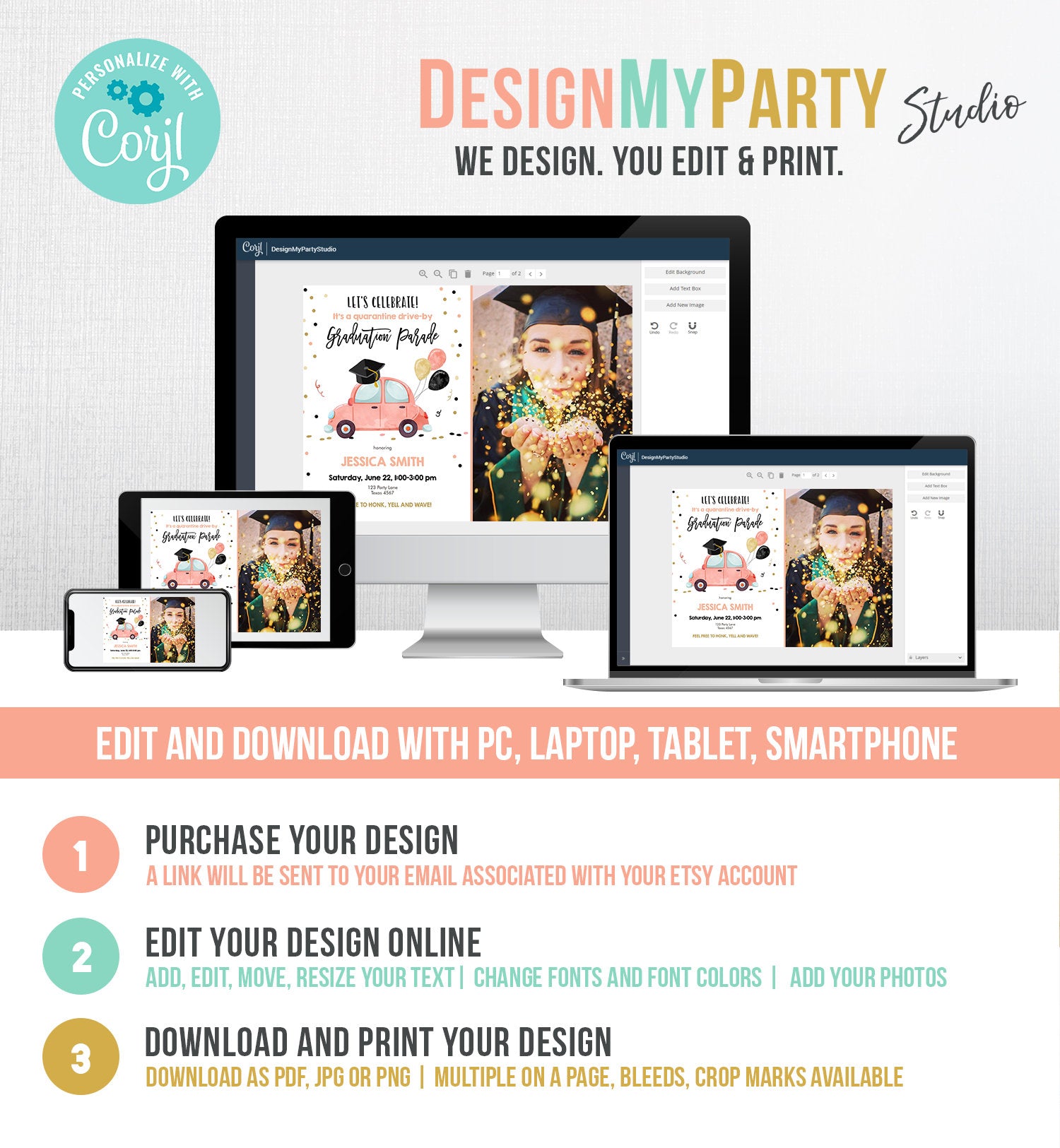 Editable Drive By Graduation Parade Invitation Virtual Party Coral Girl Graduate High School Grad Class 2020 Quarantine Digital Corjl 0337