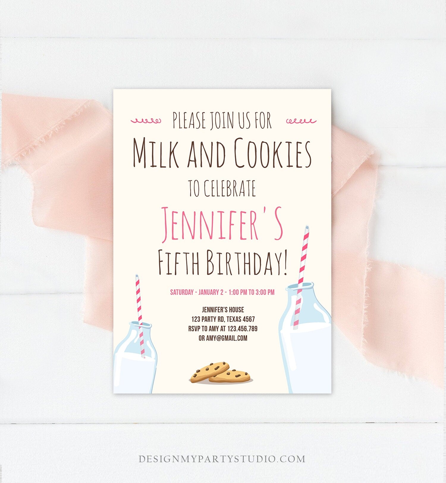 Editable Milk and Cookies Birthday Invitation Milk & Cookies Party Girl Pink Sweet Chocolate Chip Cookie Corjl Template Printable 0088