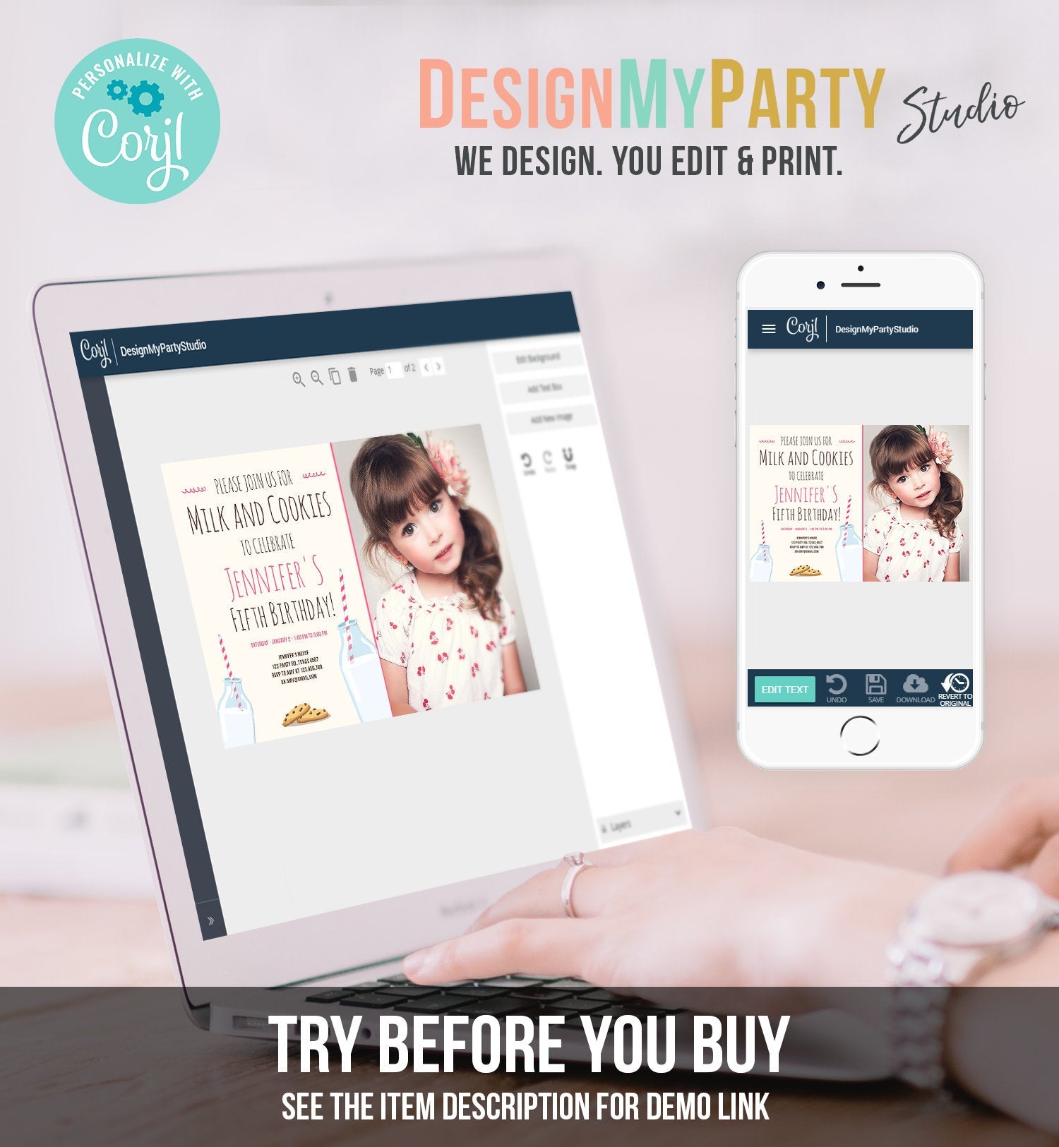 Editable Milk and Cookies Birthday Invitation Milk & Cookies Party Girl Pink Sweet Chocolate Chip Cookie Corjl Template Printable 0088