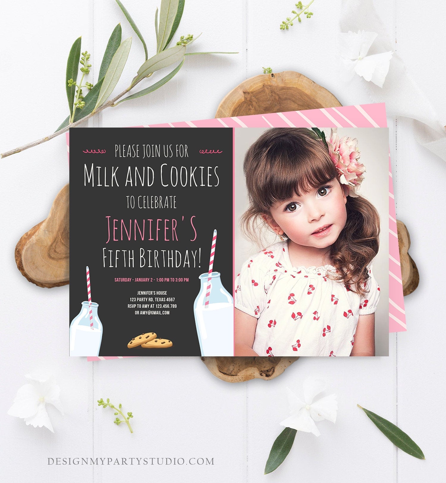 Editable Milk and Cookies Birthday Invitation Milk & Cookies Party Girl Pink Sweet Chocolate Chip Cookie Corjl Template Printable 0088