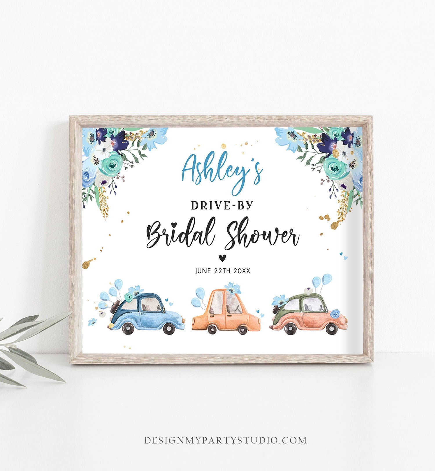 Editable Drive By Bridal Shower Sign Welcome Navy Blue Gold Floral Coed Quarantine Party Drive Through Parade Yard Sign Corjl Template 0335